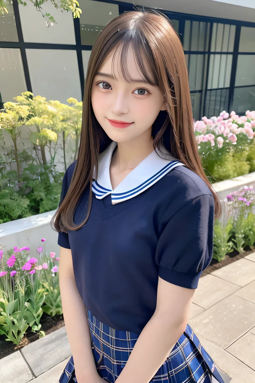 pieces fly、masterpiece、highest quality、Super detailed、High resolution、High resolution、8K portrait、unity 8k wallpaper、Detailed CG、unity 8k wallpaper、Detailed CGユニティ8kの壁紙、realistic、real person、portrait photography、shiny skin、(25 years old:1.2)、High resolution、beautiful clear eyes、very detailed explanation、delicate face、nice lips、thin waist、thin legs、1 girl、(garden:1.3)、(shirt, serafuku, crew_collar, school uniform, pleated skirt)、(smile:1.2)、(take a pose:1.4)、(flat chest:1.4)