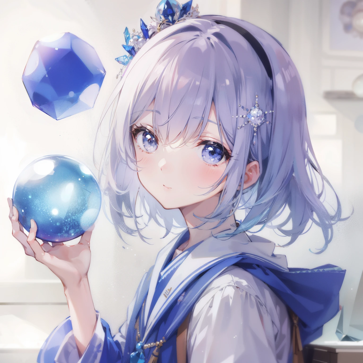 Geometric pattern、A crystal ball that reflects a girl's face、have a ball、the ball is moving