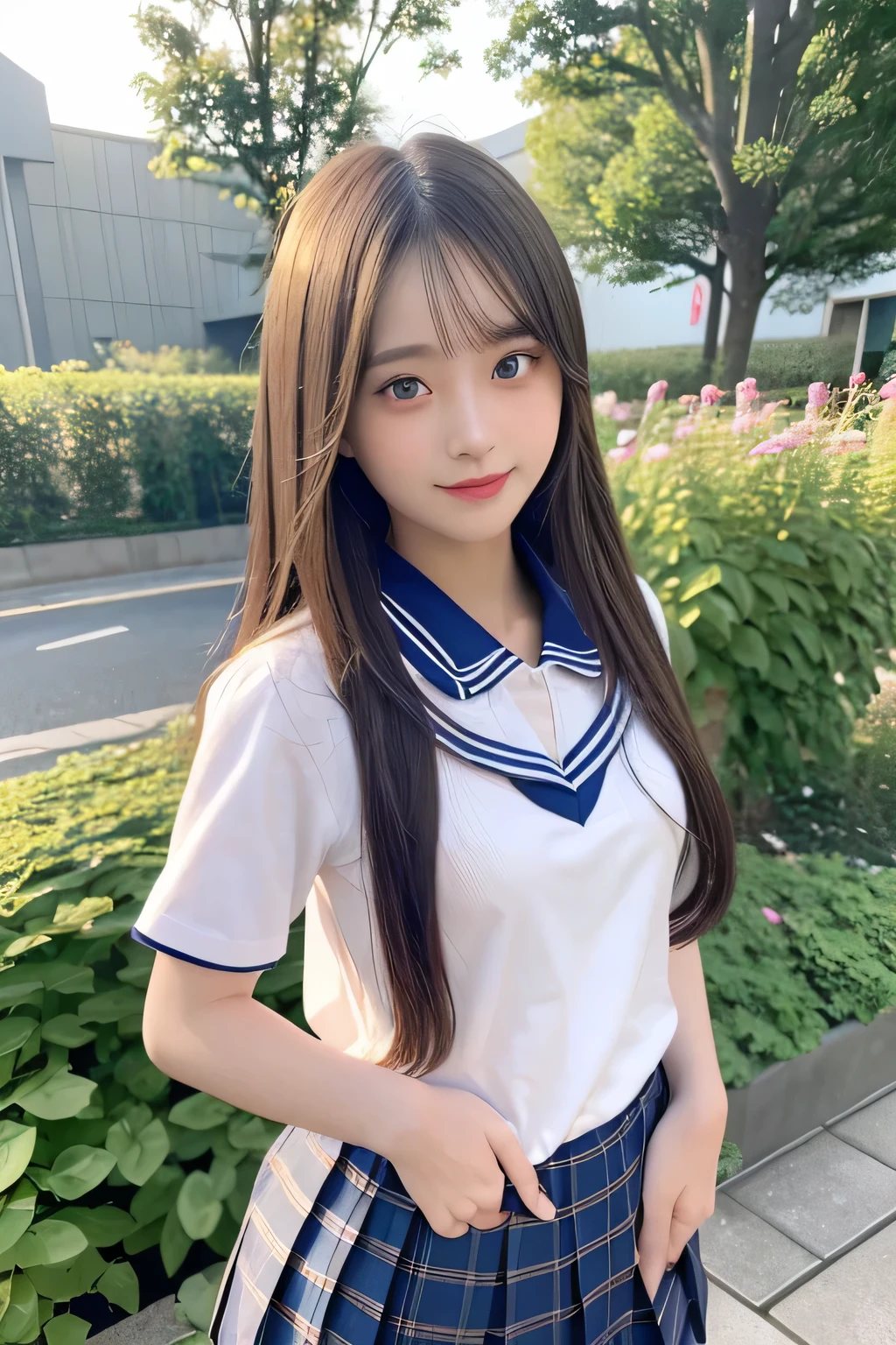 pieces fly、masterpiece、highest quality、Super detailed、High resolution、High resolution、8K portrait、unity 8k wallpaper、Detailed CG、unity 8k wallpaper、Detailed CGユニティ8kの壁紙、realistic、real person、portrait photography、shiny skin、(25 years old:1.2)、High resolution、beautiful clear eyes、very detailed explanation、delicate face、nice lips、thin waist、thin legs、1 girl、(garden:1.3)、(shirt, serafuku, crew_collar, school uniform, pleated skirt)、(smile:1.2)、(take a pose:1.4)、(flat chest:1.4)