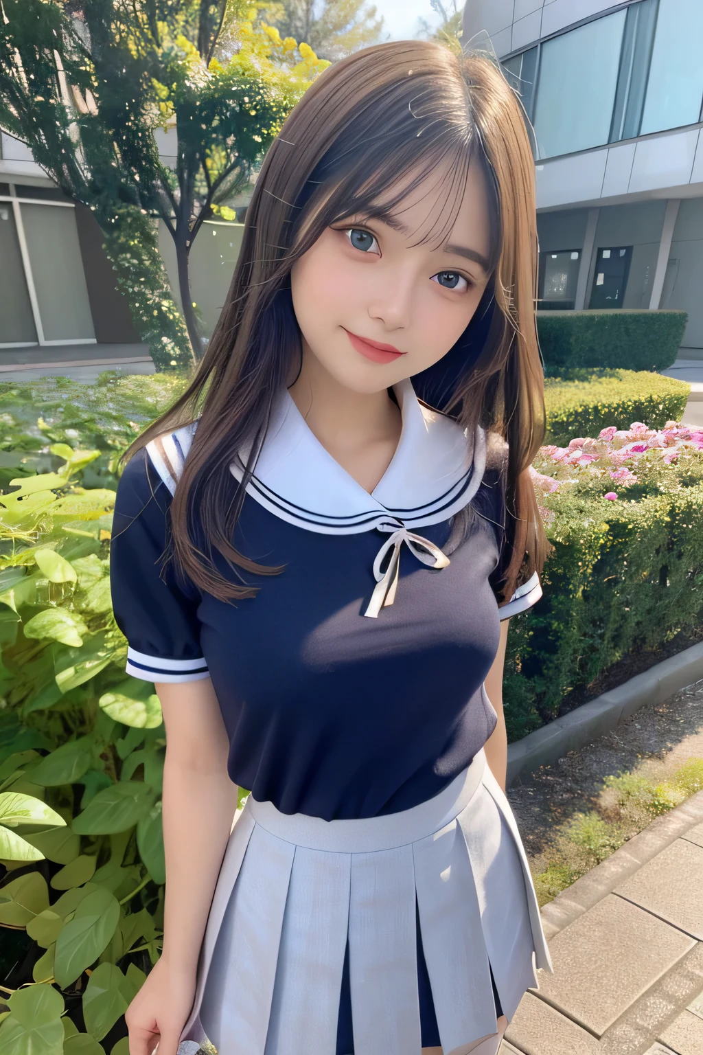 pieces fly、masterpiece、highest quality、Super detailed、High resolution、High resolution、8K portrait、unity 8k wallpaper、Detailed CG、unity 8k wallpaper、Detailed CGユニティ8kの壁紙、realistic、real person、portrait photography、shiny skin、（25 years old:1.2）、High resolution、beautiful clear eyes、very detailed explanation、delicate face、nice lips、thin waist、thin legs、1 girl、(garden:1.3)、(shirt, serafuku, crew_collar, school uniform, pleated skirt)、(smile:1.2)、(take a pose:1.4)、(flat chest:1.4)