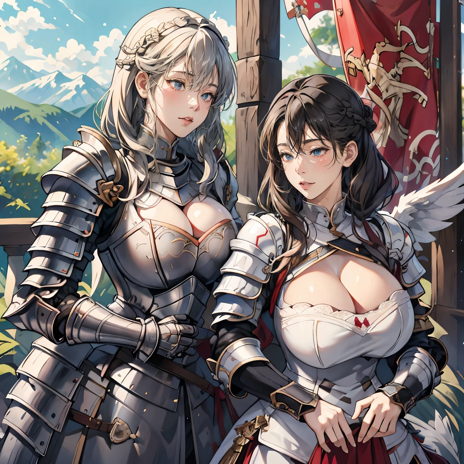 woman in her 20s、1 person、Angelic、large white wings on the back、Has 6 wings、Swan wings、With a round face、Round jaws、剣を持つarmorを着た女性の接写, armorの女の子, female knight, big and full breasts、full armor, full armor, gorgeous female paladin, female knight, of a 美しいfemale knight, 美しいarmor, Plump、thick waist、wide waist、full armor, armor、Gorgeous full-body armor, 見事なarmor, Trending with Art Station Pixiv, 美しいfemale knight、holding a greatsword、Great Sword of Steel、happy look、looking here、look at me、Lakeside、White battle flags are lined up、A large army in the distance behind、Forest and mountains in the background、Black string、black pattern