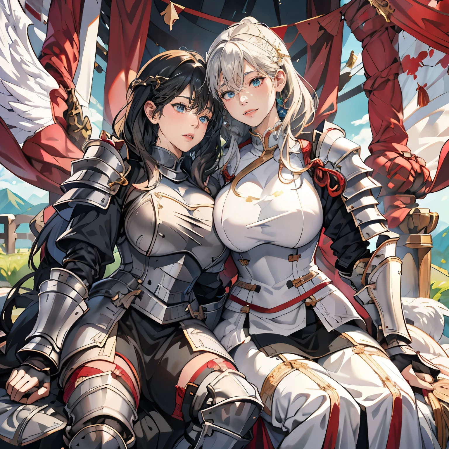 woman in her 20s、1 person、Angelic、large white wings on the back、Has 6 wings、Swan wings、With a round face、Round jaws、剣を持つarmorを着た女性の接写, armorの女の子, female knight, big and full breasts、full armor, full armor, gorgeous female paladin, female knight, of a 美しいfemale knight, 美しいarmor, Plump、thick waist、wide waist、full armor, armor、Gorgeous full-body armor, 見事なarmor, Trending with Art Station Pixiv, 美しいfemale knight、holding a greatsword、Great Sword of Steel、happy look、looking here、look at me、Lakeside、White battle flags are lined up、A large army in the distance behind、Forest and mountains in the background、Black string、black pattern