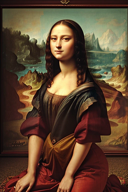 Depraved Mona Lisa in kneeling pose, ( looking at viewer:1.5), high definition, best quality, ultra high res, (photorealistic:1.5), (Skin reflection:1.3), RAW photo, physically-based rendering, shiny skin, curvy