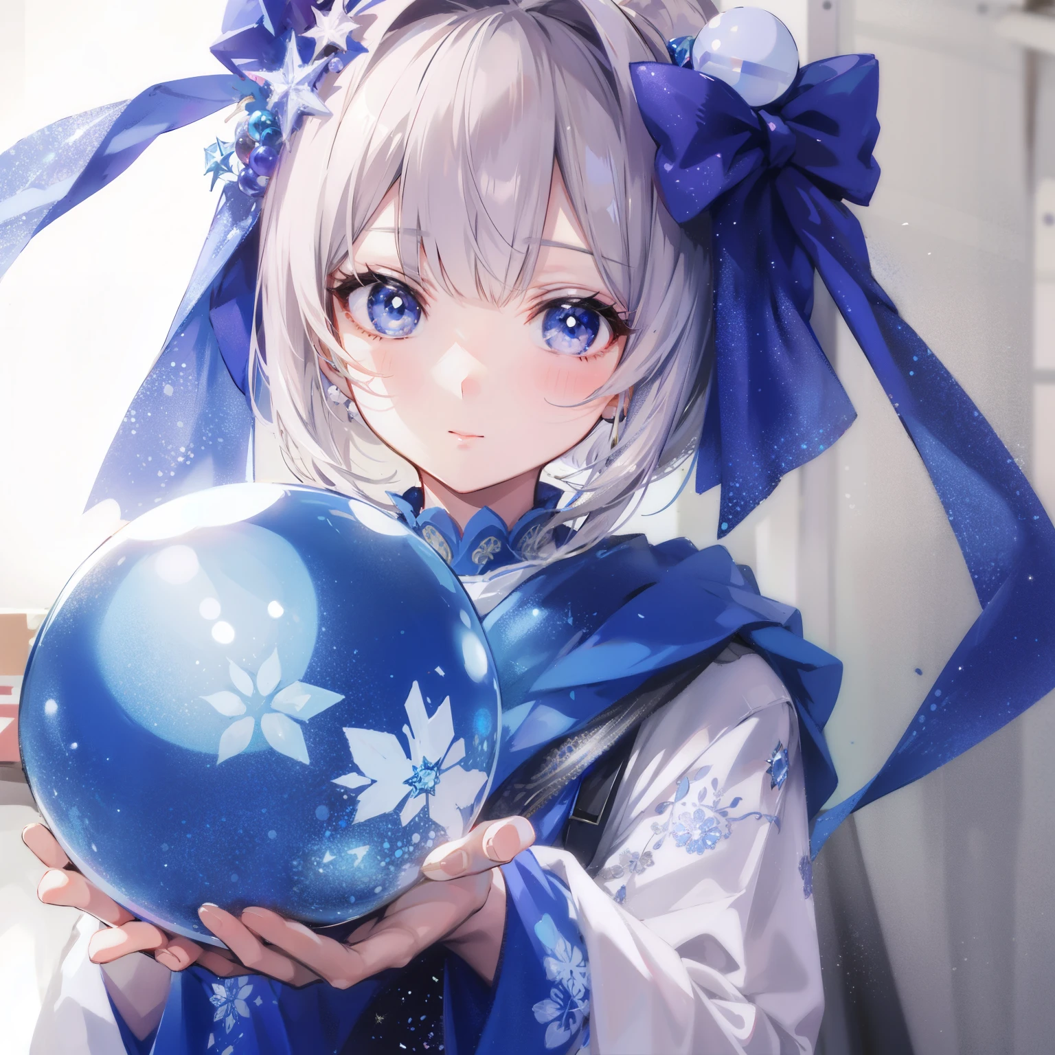 Geometric pattern、A crystal ball that reflects a girl's face、have a ball、the ball is moving