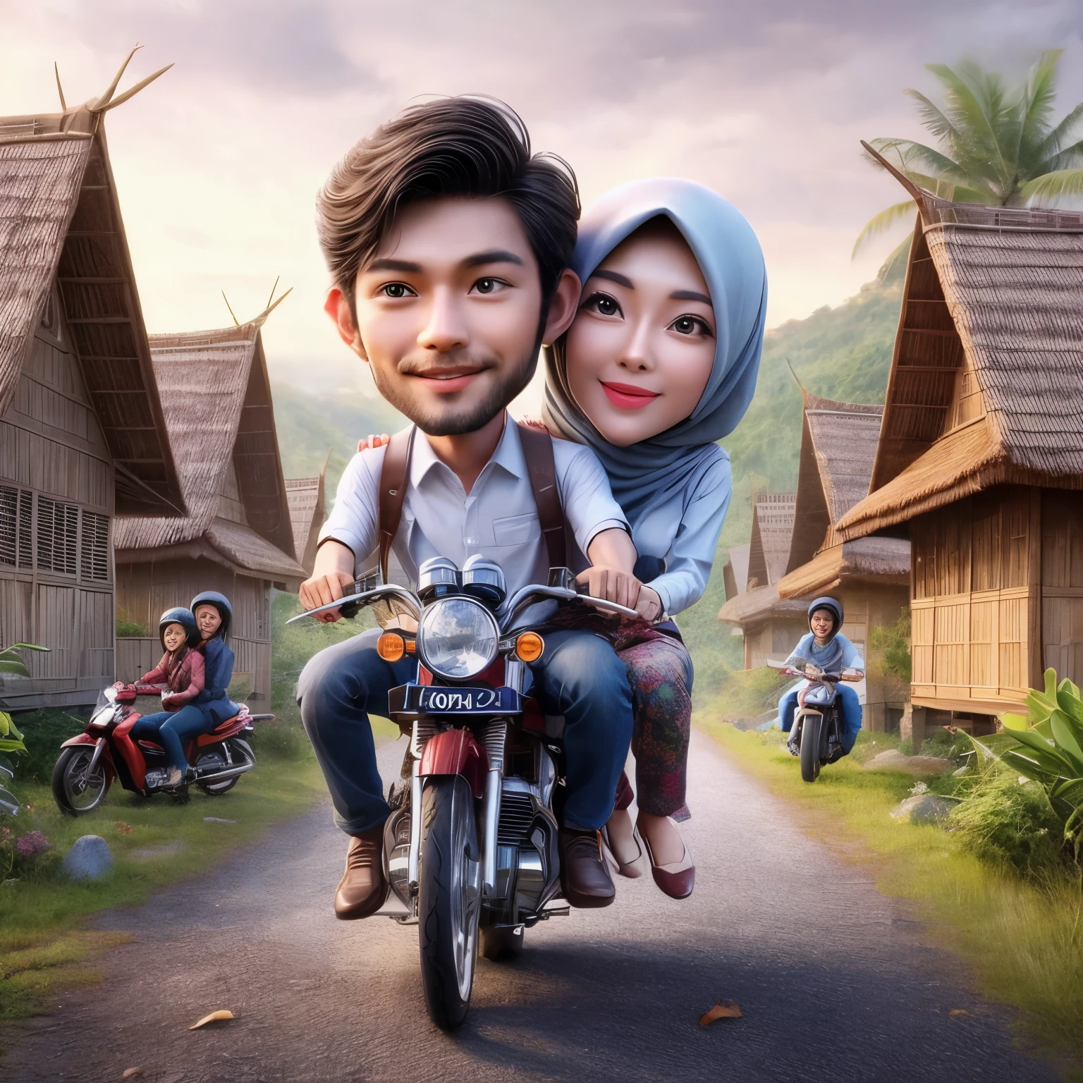 cartoon couple riding a motorcycle on a road with a village in the background