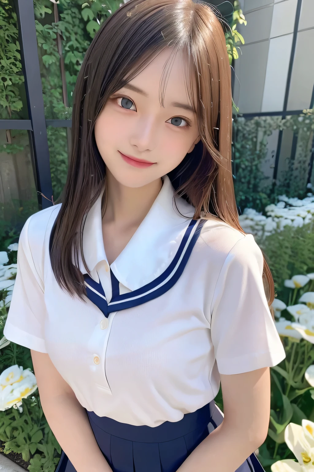 pieces fly、masterpiece、highest quality、Super detailed、High resolution、High resolution、8K portrait、unity 8k wallpaper、Detailed CG、unity 8k wallpaper、Detailed CGユニティ8kの壁紙、realistic、real person、portrait photography、shiny skin、(25 years old:1.2)、High resolution、beautiful clear eyes、very detailed explanation、delicate face、nice lips、thin waist、thin legs、1 girl、(garden:1.3)、(shirt, serafuku, crew_collar, alone, white shirt, school uniform, pleated skirt, collared shirt)、(big smile:1.2)、(take a pose:1.4)、(flat chest:1.4)