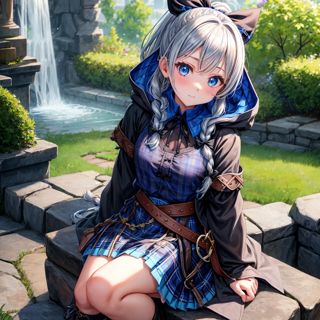 patina hair、blue eyes、Braid、ponytail、one good looking girl、solo、anime、Plaid miniskirt、camisole、black t-shirt、Tilting your face、Doing the ribbon、Ribbon at waist、cloak、the ground is cracked、Crystal Grotto、wearing a hood、look back、Baibai、sitting
