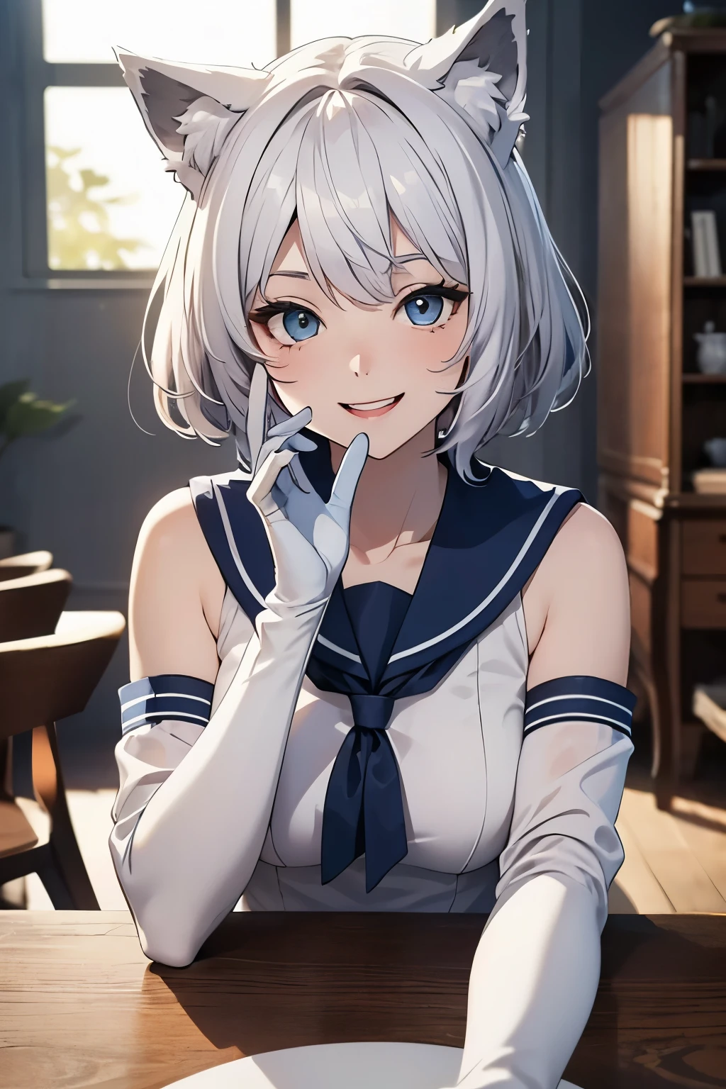 table top　High level image quality　best image quality　8K　 adult woman　portrait　white long gloves　white pantyhose　sailor suit（sleeveless）　exy　White wolf ears　short hair（（shortcut）（gray hair）（perm）（fluffy））　eye color is blue　Face seducing（（laughter）（smile）（open your mouth））　See here
