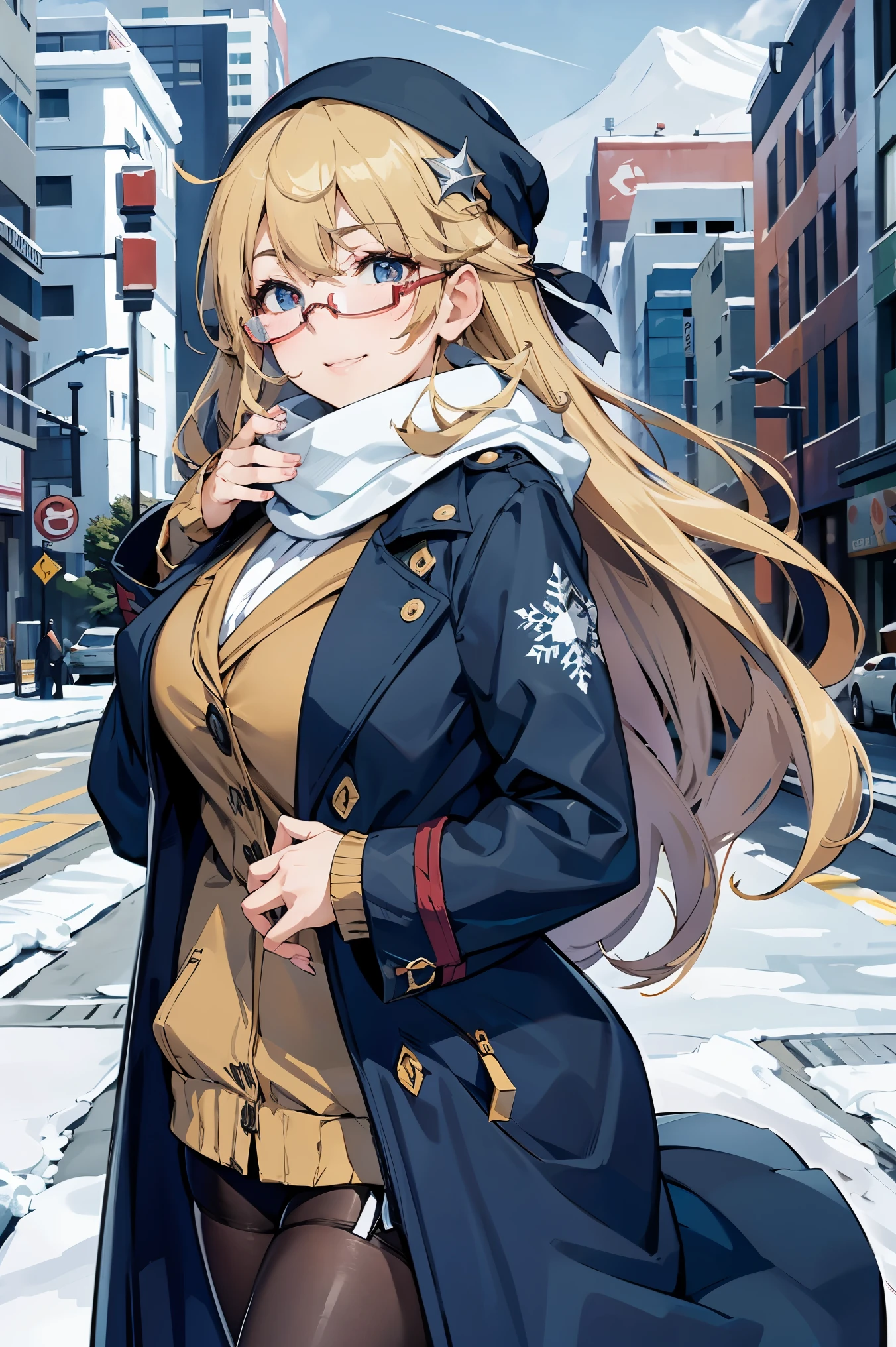 anime,anime style,winter scenery、outdoor,long coat,Scarf,snow,city,Winter clothes,kisaragiayane,Glasses,gigantic breasts,long hair,blonde hair