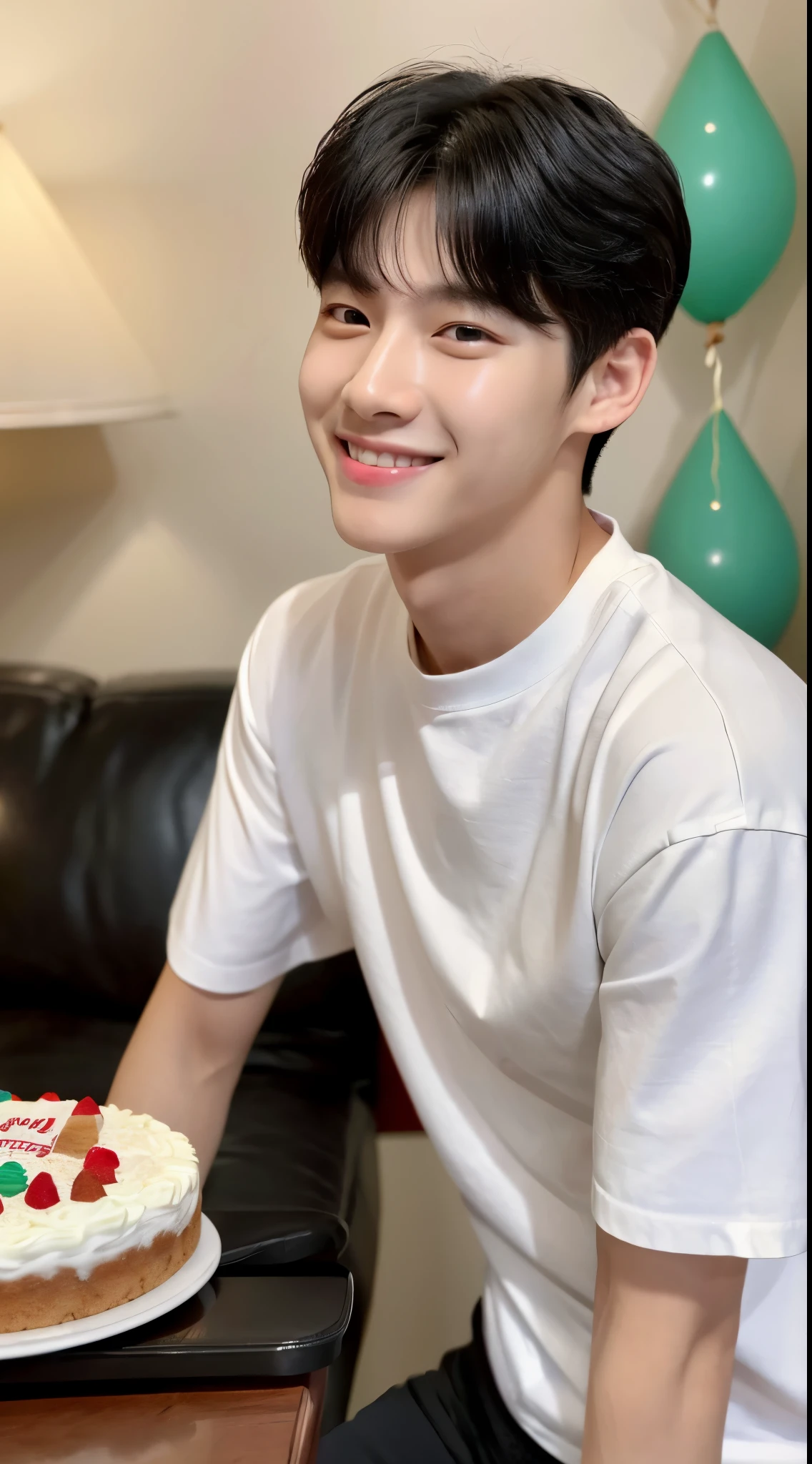 a young man, wearing a white shirts, sit down, korean young man, realistic, ultra detail, look like a korean idol, kim doyoung, mark lee, black hair, perfect face, sharp nose, bring a birthday cake, is having a birthday, in the living room, medium shot picture, smilling, wall background, perfect eye angle picture,  