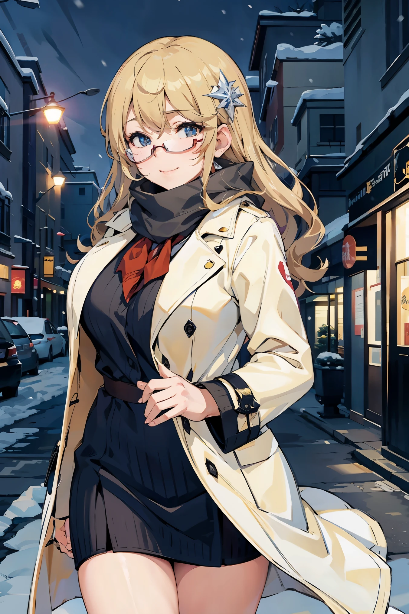 anime,anime style,winter scenery、outdoor,long coat,Scarf,snow,city,Winter clothes,kisaragiayane,Glasses,gigantic breasts,long hair,blonde hair