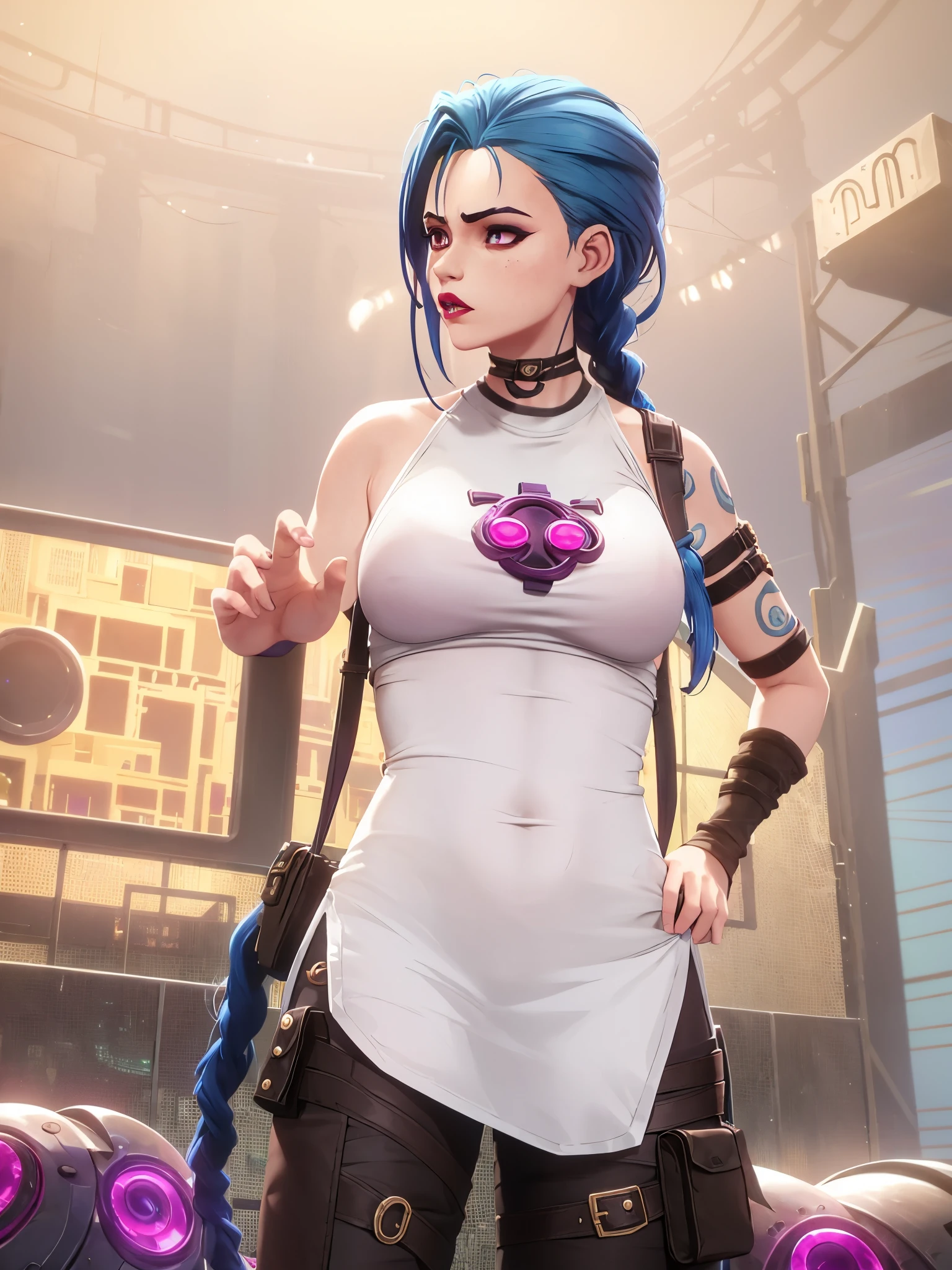 mysterious style,
1 girl, arm tattoo, asymmetrical Bangs, Bangs, blue hair, braid, brown shirt, cloud tattoo, looking at the audience, lol, crazy, 无法控制的lol声, crazy样子, night, City, green hair, long hair, diaphragm, pink eyes, red lips, shirt, alone, permanent, tattoo, twin braids, Upper body, arcane doom, doom \(League of Legends\)