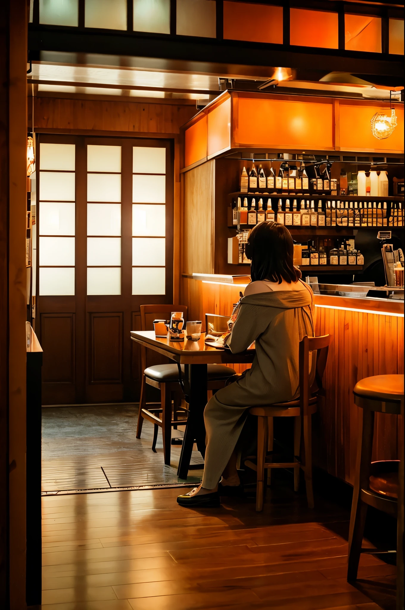 anime　Ghibli style　Showa　coffee shop　Dimly lit interior　desk and chair　orange light　I can see the bar counter　master making coffee
