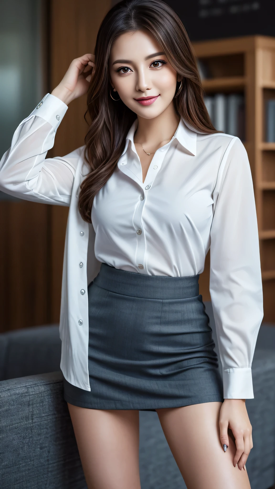 (1woman), Beautiful, Amazing face and eyes, makeup, (extremely detailed beautiful face), seducting smile, (Best Quality:1.4), (Ultra-detailed), (extremely detailed CG unified 8k wallpaper), Highly detailed, raw photos, Professional Photography, (Business Suit, Mini skirt:1.2), (Business shirt with wide open chest), (Spread legs), (view from below:1.2)