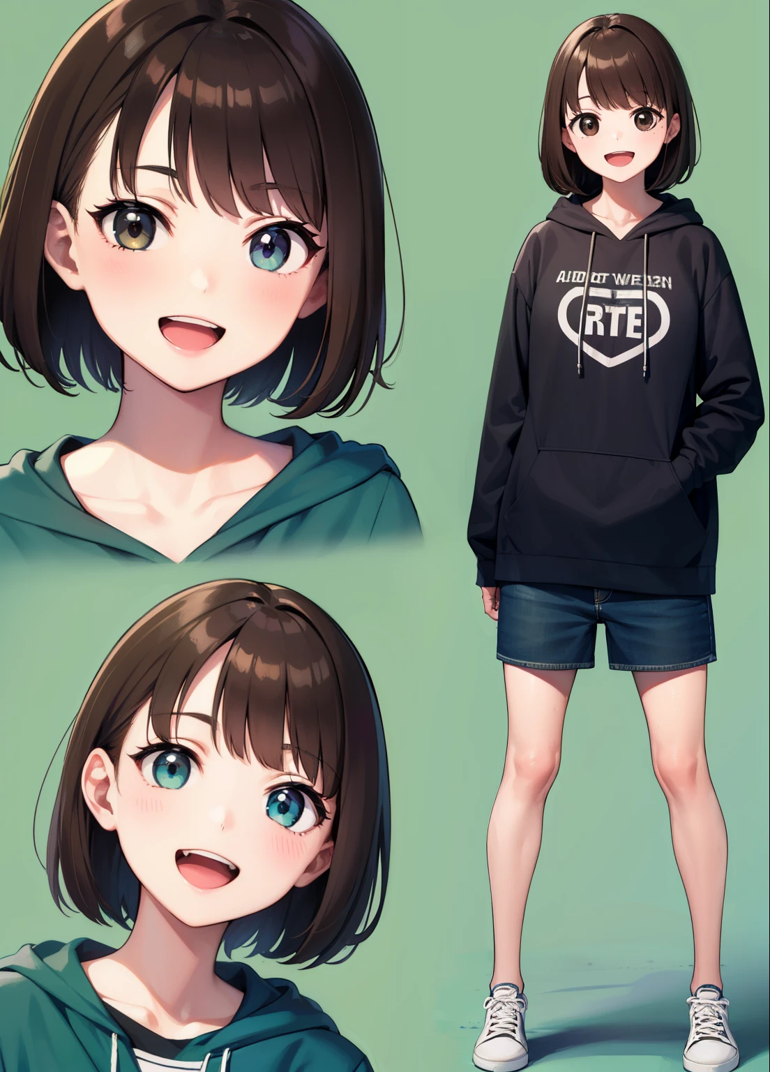 Top quality, 8k, super detailed, high school girl, plain clothes, painting, portrait, smile, big laugh, casual, medium hair, brown hair, white sneakers, hoodie, hood, brown hoodie, smile, big laugh, open mouth, looking at me, looking at camera, full body, standing, front, front, green background, bright lighting, highly detailed face, perfect hands, perfect anatomy