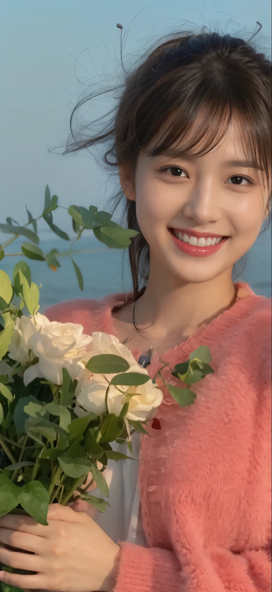 ((​Masterpiece, Top image quality, high resolution、alone、shiny skin))(on the table, best quality, actual, super detailed, meticulous, high resolution, 8k wallpaper), Close-up portrait of a beautiful woman, Chariada, smiling, light brown messy hair, Perfect dynamic composition, 美丽meticulous的眼睛, Just like the cover of a fashion magazine, on campus