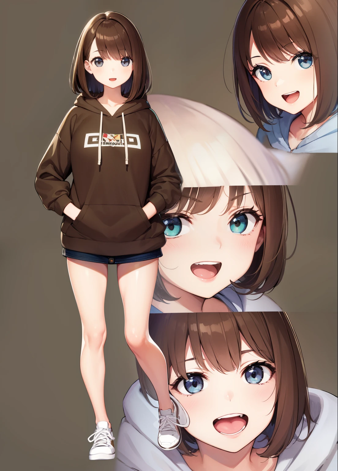 Top quality, 8k, super detailed, high school girl, plain clothes, painting, portrait, smile, big laugh, casual, medium hair, brown hair, white sneakers, hoodie, hood, brown hoodie, smile, big laugh, open mouth, looking at me, looking at camera, full body, standing, front, front, green background, bright lighting, highly detailed face, perfect hands, perfect anatomy