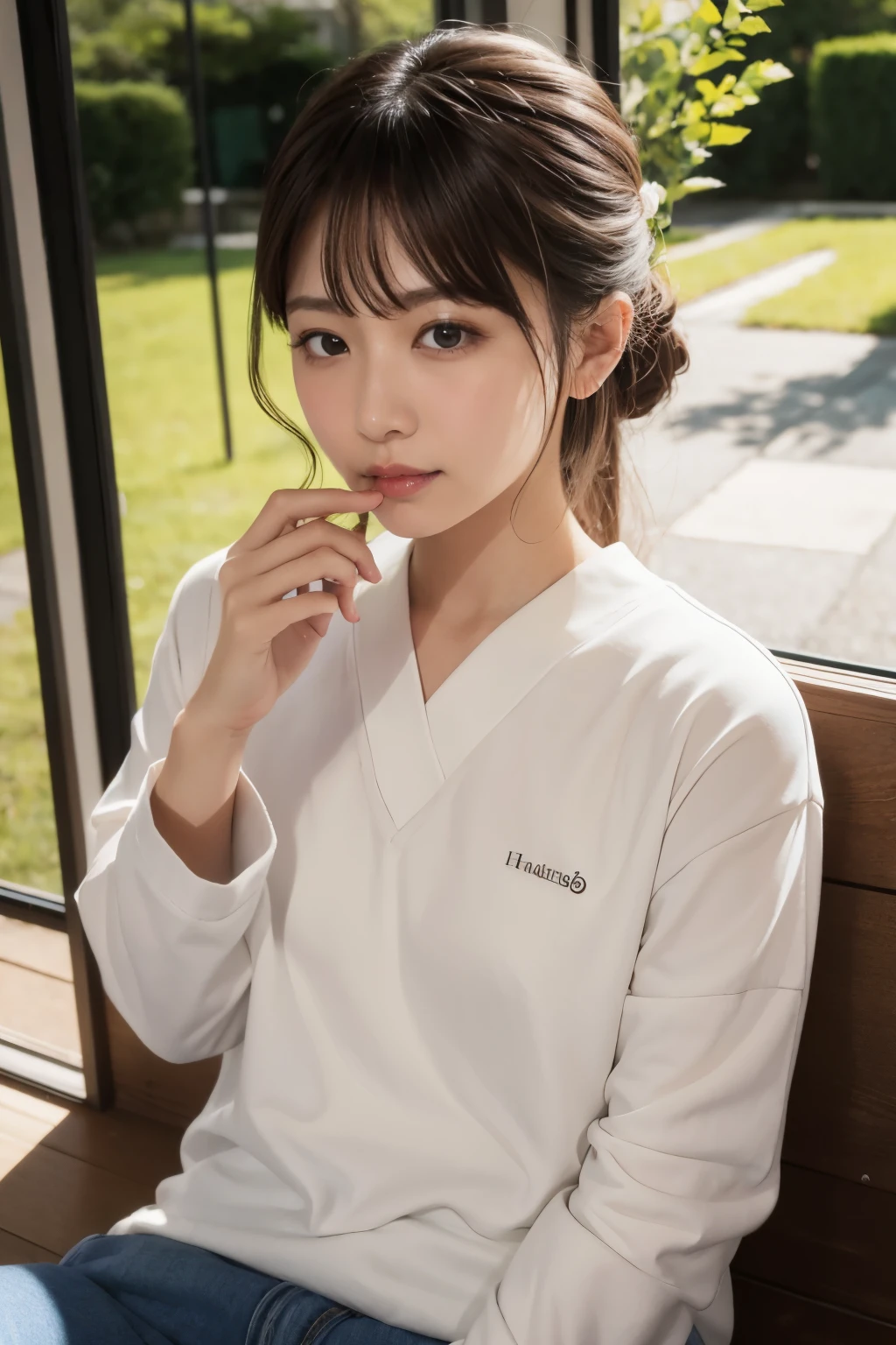 A woman sitting on a bench with a white shirt on - SeaArt AI