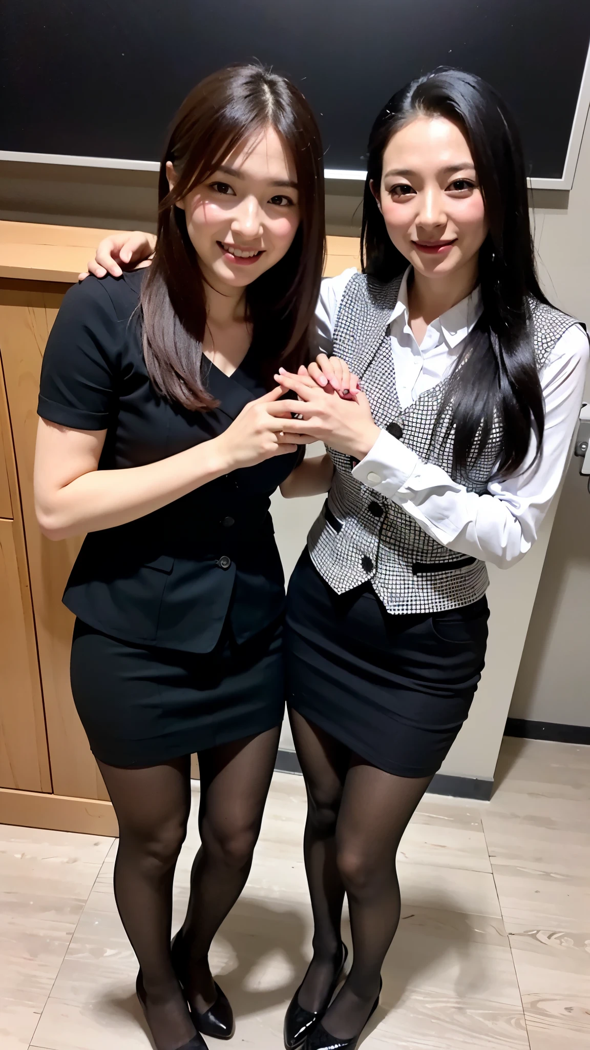 ((top-quality、NSFW、8K、masterpiece:1.3))、(A MILF2In person)、((Two women taking two shots))、Sexy Office Lady、Raw photo、selfie photo、Ultra-high resolution photos、(Slender face:1.2)、(slender physique:1.2)、(small tits:1.4)、(Close-up on the face:1.4)、View Viewer、Looking at the camera、(Random Hair Styles)、(A smile:1.3)、Dark grey blazer and white shirt、Wear a black pleated skirt:1.3、a necklace、Ear-piercing:1.4、in a office、Standing in front of the wall、simple background、hyperdetailed face、A detailed eye、facing the front there、 ((( nipples protruding)))、(((Show nipples)))、Small、pointed Nipple