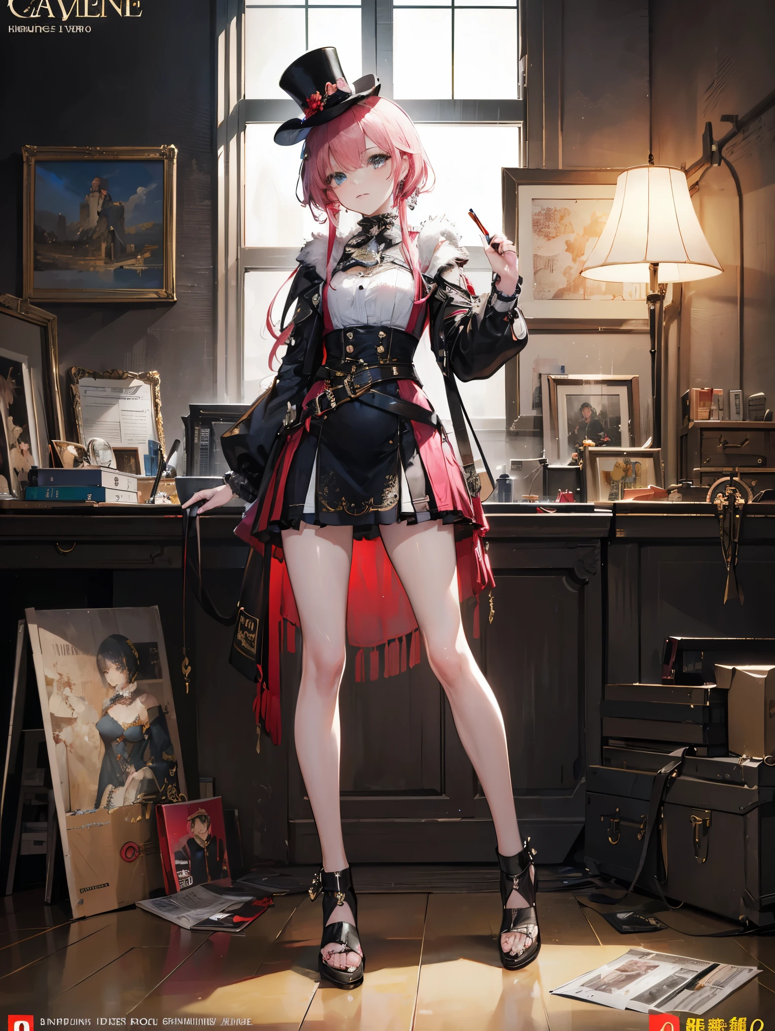 ((masterpiece, of highest quality)), detailed face, beautiful face, beautiful eyes， full bodyビアン, full of details, Work in the workshop, using a rifle, rifle referente a steampunk, very detailed, depth, many parts，beautiful girl with pink hair，with messy hair，long pink hair，disease，white student，legs are very thin，long legs, blue tab, steampunk, ファッションsteampunk, full body, Abrigo de Camarero, High neck blouse, top hat with mechanical gear, brass accents, Small Leather Goods ,expensive and expensive，delgado, 8K, surreal, official art, Glamour, bit, ambroso, oil on canvas, brush stroke, kind, Ultra high definition, 8K, unreal engine 5, super sharp focus,, types of bacteria, Reusch, nffsw, 緻密な芸術のmasterpiece, Unlucky, matte paint movie poster, golden ratio, Trends in CG society, complicated, Spectacular, Art station trends, very detailed, lively, production cinematic character rendering, Super high quality model