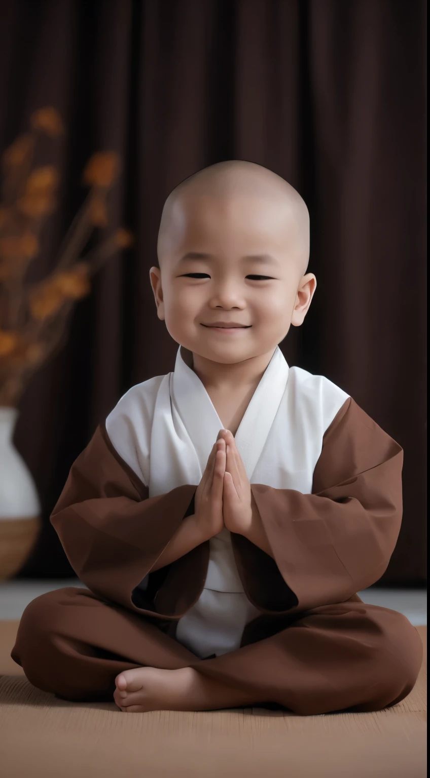 Alafield sitting in meditation position,with a smile on face, littleearing nun costume, monk clothes, wearing brown robe, calm smile, dressed in simple robes, ancient japanese monk, Buddhists, calm expression, portrait of monk, buddhist monk, monk meditation, Happy kids, monk, dressed in simple robes, 2 1 st century monk, blessing hands