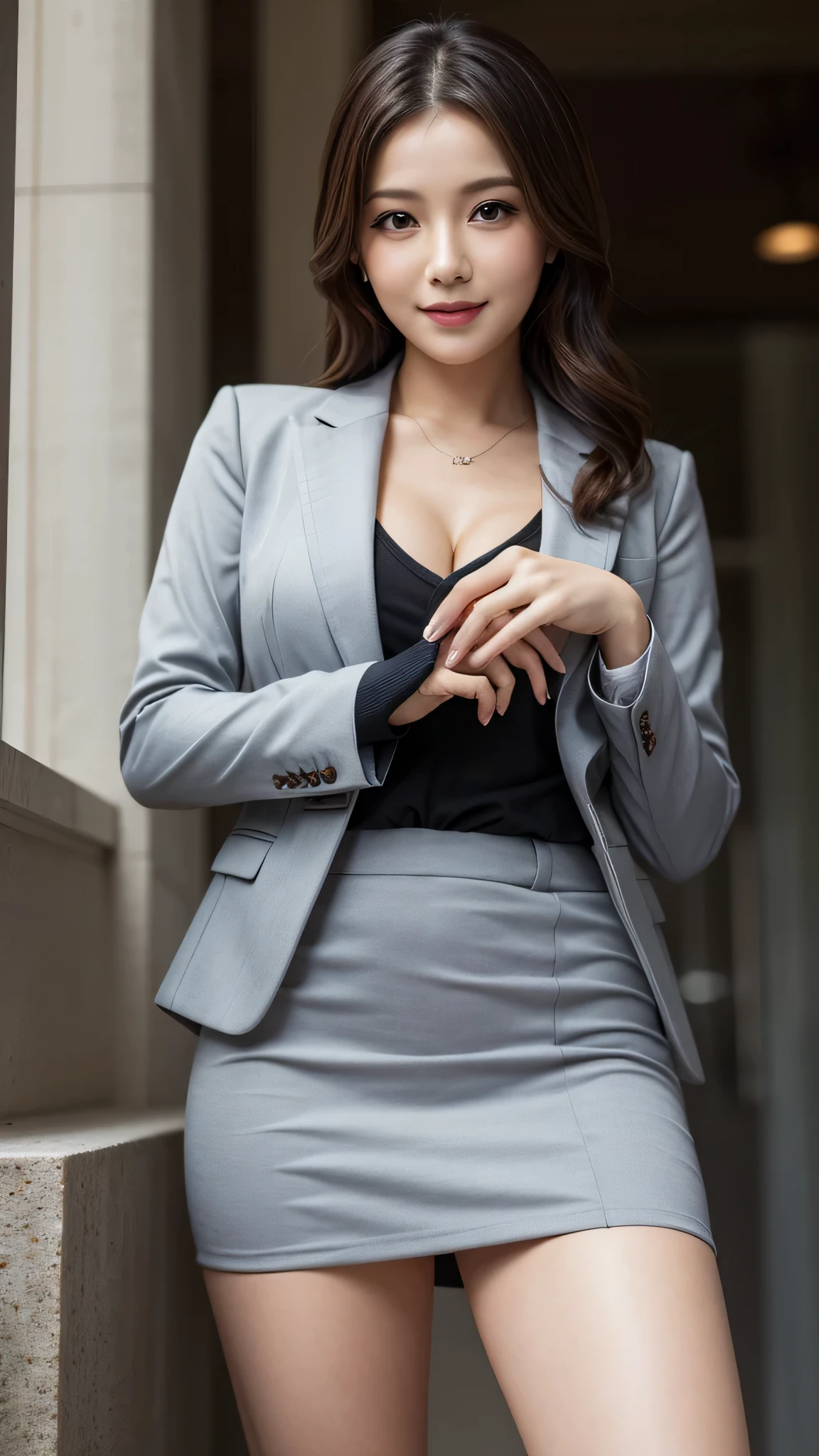 (1woman), Beautiful, Amazing face and eyes, makeup, (extremely detailed beautiful face), seducting smile, (Best Quality:1.4), (Ultra-detailed), (extremely detailed CG unified 8k wallpaper), Highly detailed, raw photos, Professional Photography, (Business Suit, Mini skirt:1.2), (Business shirt with wide open chest), (Spread legs), (view from below:1.2)