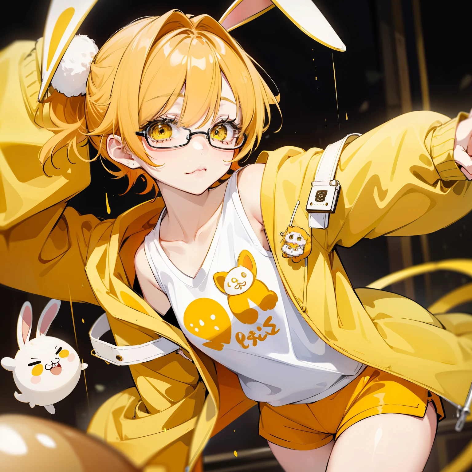 Cute bunny girl,chibi, with short light orange hair, with yellow eyes,, in round glasses, in short beige shorts, wearing a white t shirt, with a beige raincoat, cute muzzle