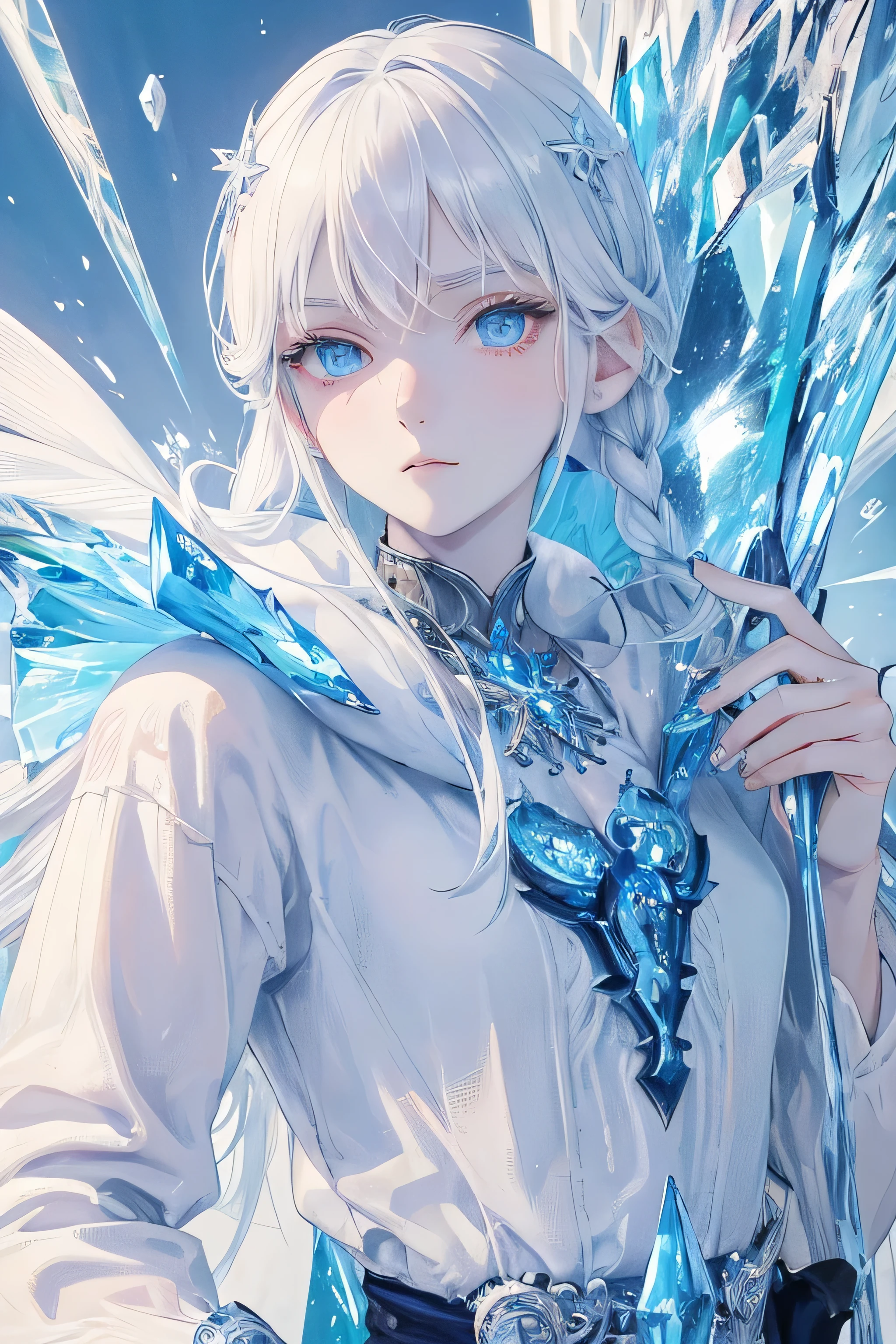 masterpiece, very detailed, Super detailed, cold, alone, (1 girl), (white skin), ice blue eyes, frosty white hair, Cool characters, flat face, young woman, Lady Character, Moderately , arrogant, With confidence, cold face, goddess, cool kuudere girl, Crystal of snow, (Frozen flowers:0.5), (calm expression), (Glowing Ice Crystals), (modern casual clothing), (smile:0.5)