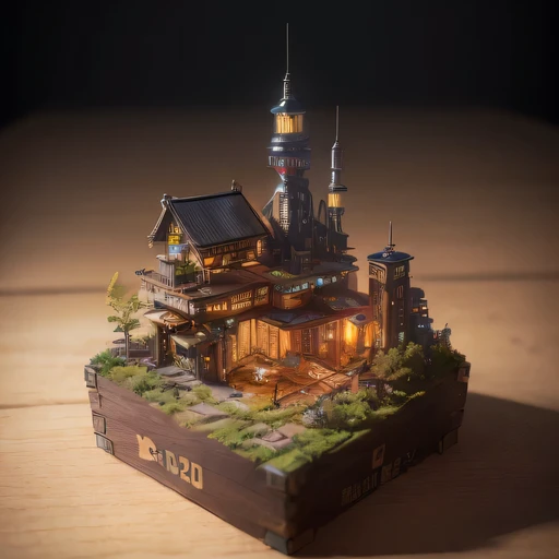 small realistic model, (bifurcation, original photo, best quality, masterpiece:1.4),SteampunkCyberpunk6920 City,(Cyberpunk light:1.3), Mards,horizon (related to land),(in a small nature box:1.3),Isometric, small nature, landscape on foundation,landscape,
