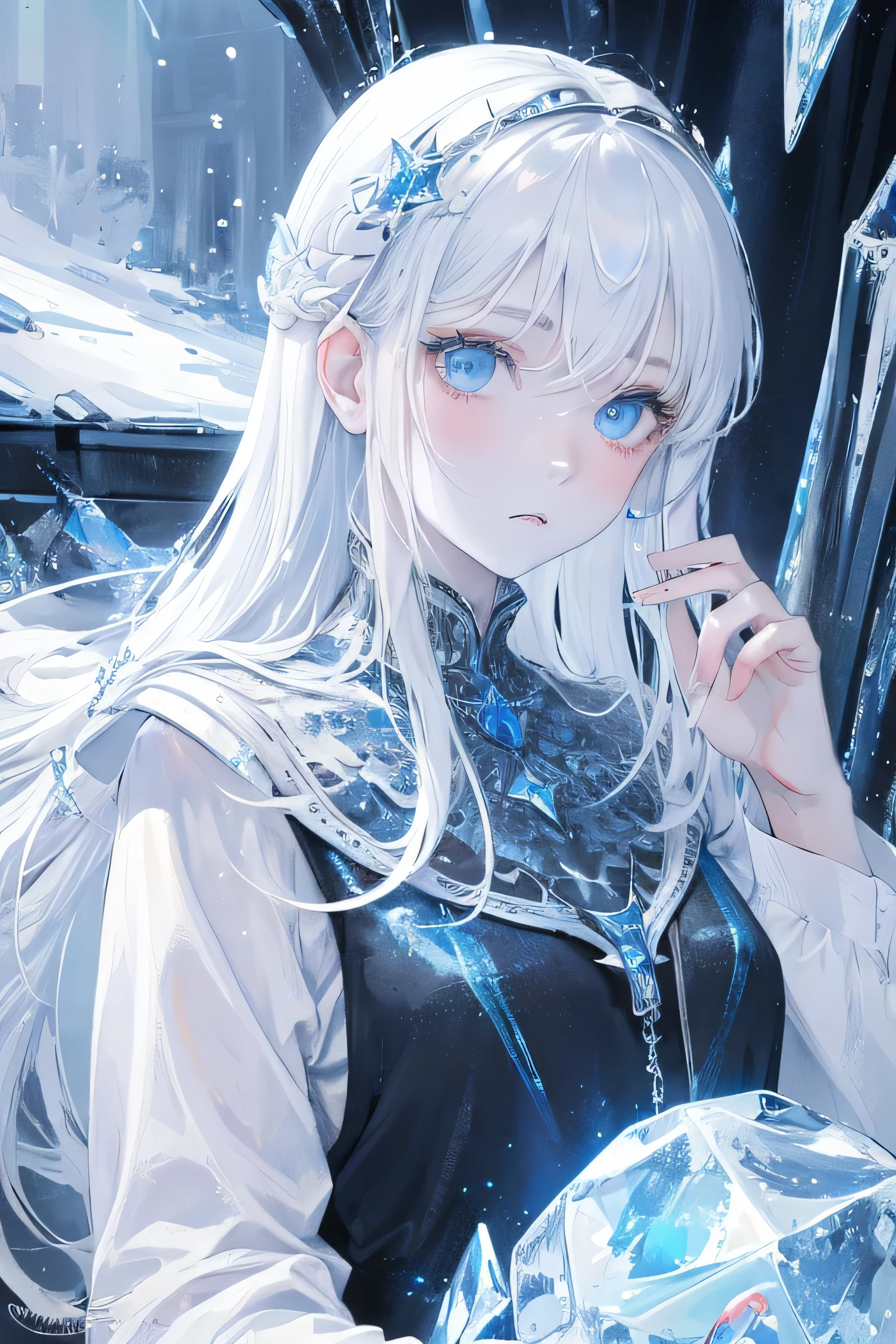 masterpiece, very detailed, Super detailed, cold, alone, (1 girl), (white skin), ice blue eyes, frosty white hair, Cool characters, flat face, young woman, Lady Character, Moderately , arrogant, With confidence, cold face, goddess, cool kuudere girl, Crystal of snow, (Frozen flowers:0.5), (calm expression), (Glowing Ice Crystals), (modern casual clothing), (smile:0.5)