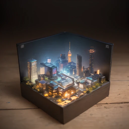 small realistic model, (bifurcation, original photo, best quality, masterpiece:1.4),SteampunkCyberpunk6920 City,(Cyberpunk light:1.3), Mards,horizon (related to land),(in a small nature box:1.3),Isometric, small nature, landscape on foundation,landscape,