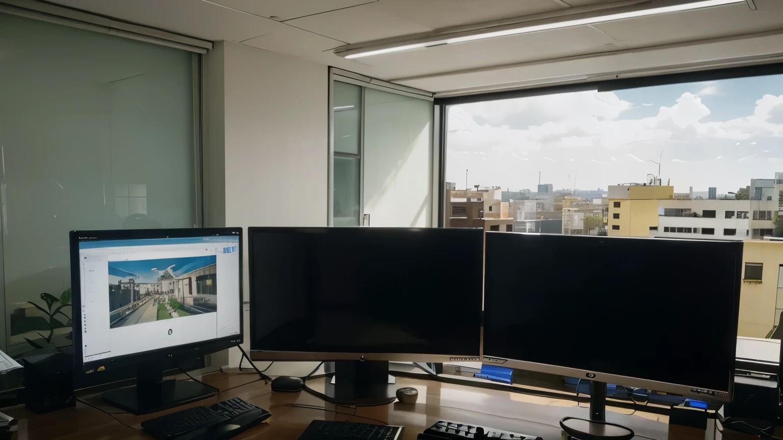 Multiple monitors, sala escura, desenvolvimento de softwares, next to a large window, overlooking buildings in the background, todos os monitores ligados. Visual noturno.