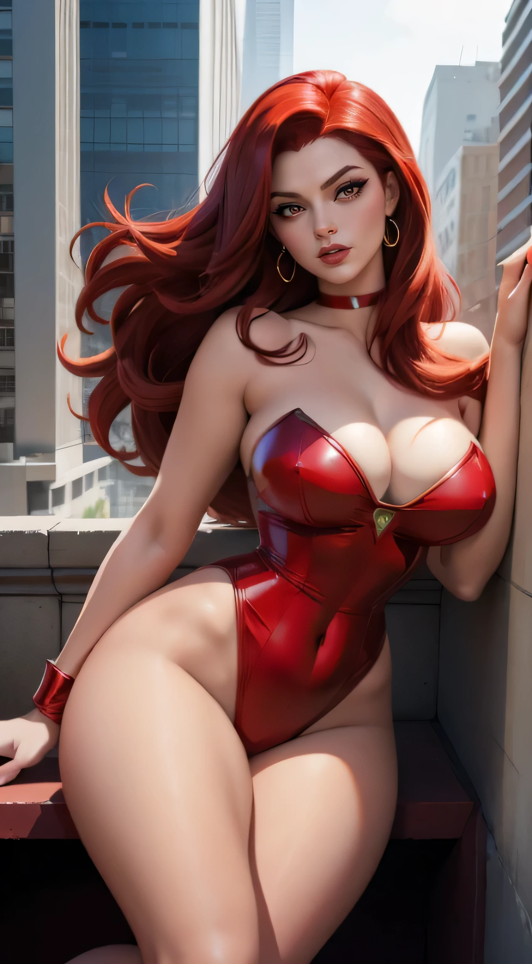 arafed woman in red and white sitting on a ledge, jessica rabbit, full body portrait of jean grey, wanda maximoff, comic pinup style, commission for high res, pinup art, by Randy Vargas, jean grey, pinup pose, inspired by Mary Jane Begin, fullbody commission for, vixen, in the style artgerm, some red, red hot