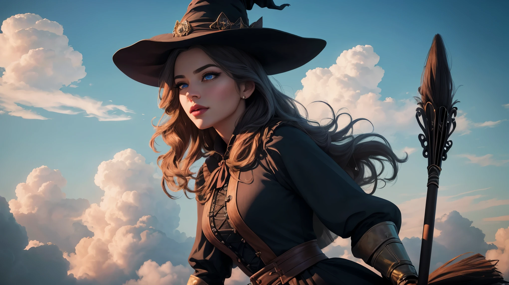 Witch side-sitting on a magical broom flying, majestic ascent, beautiful detailed eyes, beautiful detailed lips, extremely detailed eyes and face, long eyelashes, (best quality,4k,8k,highres,masterpiece:1.2), ultra-detailed, (realistic,photorealistic,photo-realistic:1.37), enchanting skyward journey, magical broomstick ride, whimsical side posture, mystical aerial display, wonderful cloud-filled sky, thrilling ride amongst clouds.