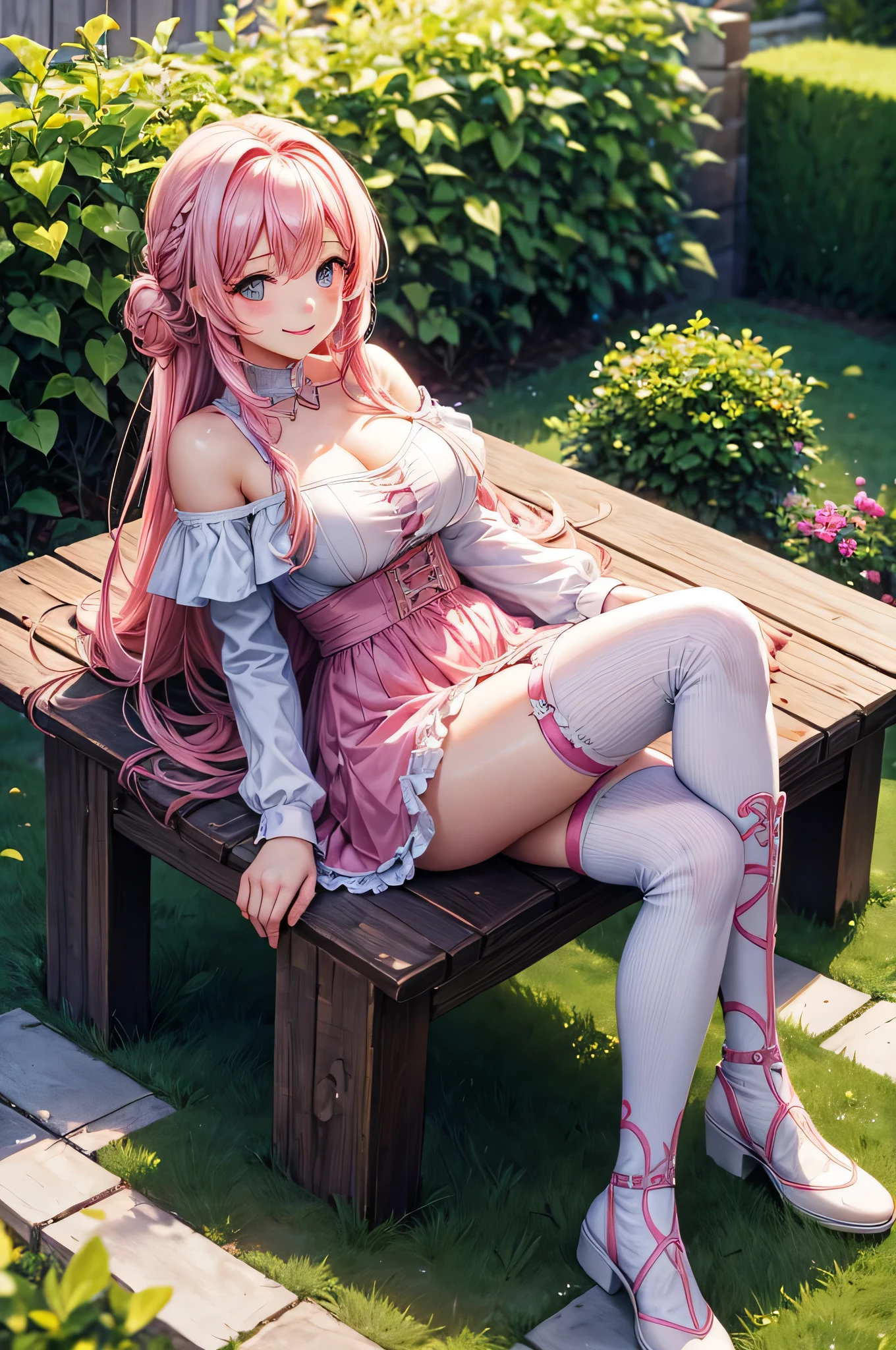 (HDR ,ultra details , high quality) , long hair ,pink hair , cute girl , garden , sitting on chair , smile , wear off shoulder frock , thigh high socks , legs , medium tits , chest line , smile , look at the camera , soft light , half body show , anim
