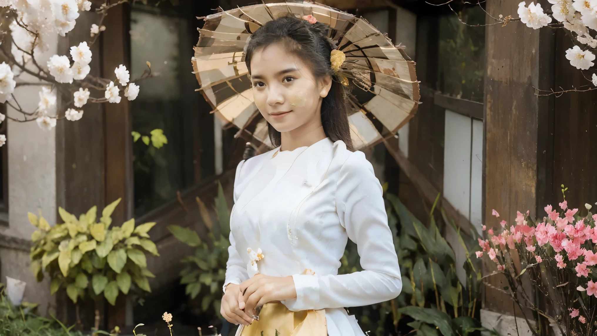 best quality,4k,8k,high-resolution,masterpiece:1.2,ultra-detailed,realistic:1.37,beautiful girl,expressive eyes,rosy lips,traditional myanmar costume,pagoda background,soft natural lighting,ethereal atmosphere,mystical charm,delicate floral patterns in the costume,subtle golden accents on the jewelry,traditional fan in hand,feminine posture,graceful movements,serene expression,bi-fold umbrellas in the background,blossoming trees,tranquil garden setting,rich cultural heritage,vivid colors,striking contrast,portrait photography.