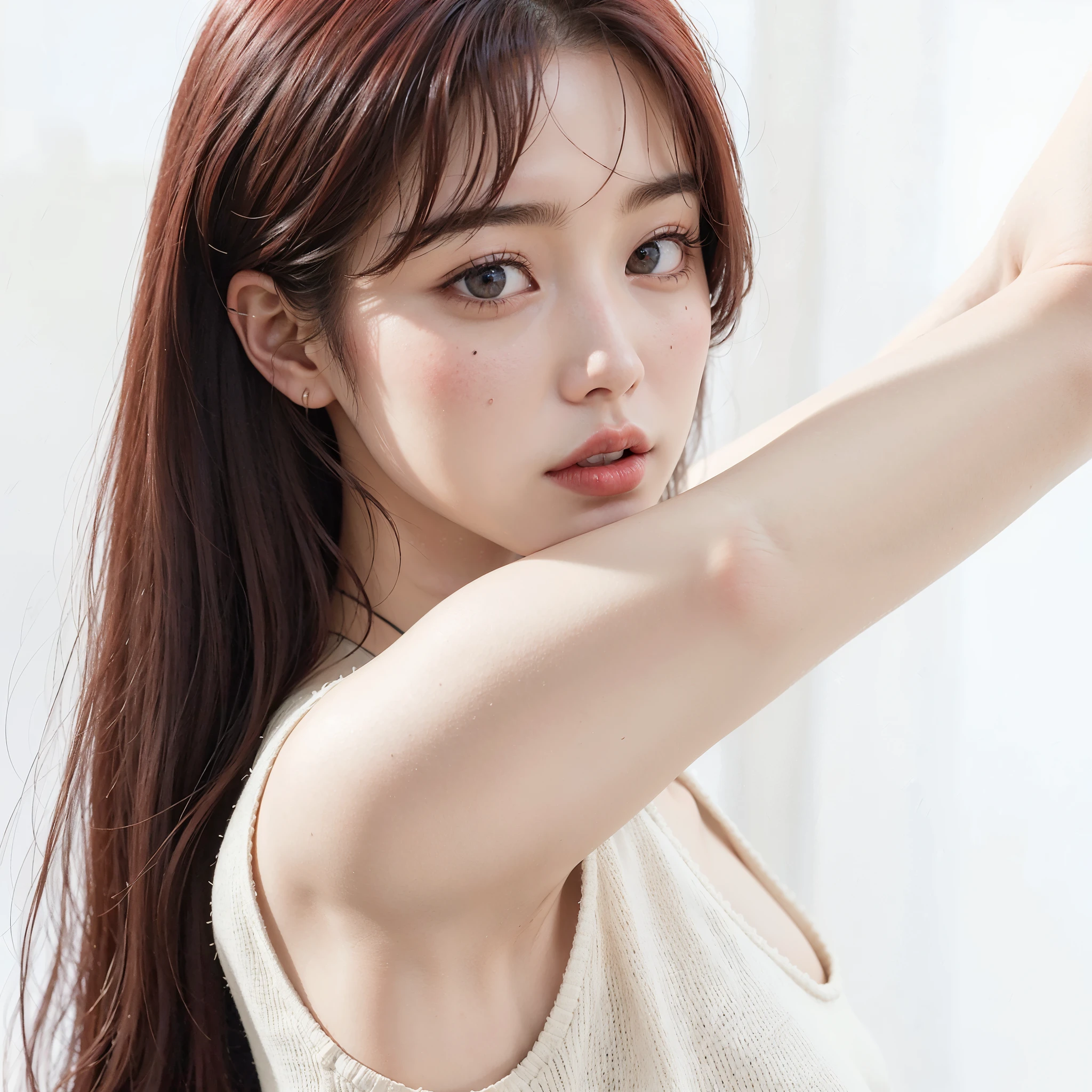 A closeup of a woman with long red hair holding a cell phone, Jinyoung Shin, hermosa mujer surcoreana, ulzzang, Lalisa Manobal, hermosa joven coreana, hermosa joven coreana, muchacha coreana, linda actriz coreana peliroja, jaeyeon nam, lee ji-eun, lee ji - eun, kim doyoung, bae suzy, joven y adorable rostro coreano, cabello rojo, pelo rojo, add red hair, red, redhead, pelirroja