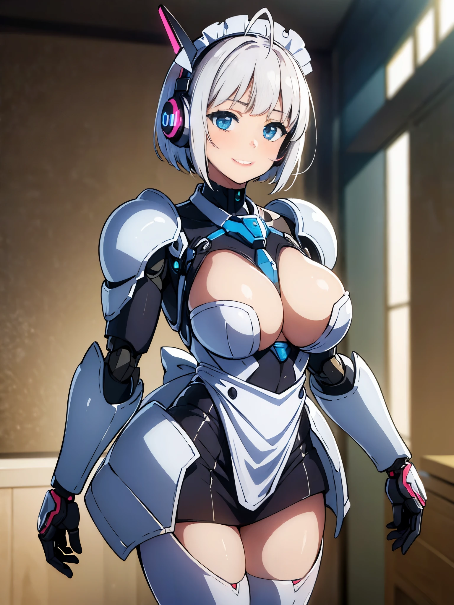 (((1 female:1.8)))、(((full body description)))、(((Standing depiction)))、(((9th class)))、Beautiful woman in moe pose in futuristic white shiny heavy armored robot suit、perfect android girl, gynoid cyborg body, perfect anime cyborg woman, beautiful female android!, female robot, fully robotized!! girl, Cute cyborg girl, cyber suit, メカサイバーアーマーを着たgirl, cyber suit, beutiful white girl cyborg, beautiful female android, Beautiful girl cyborg、Cute robot woman with white silver short bob hair、Gravure Model Android Beautiful Girl、(bright smile:1.3)、(((Headphones with long sensor antennas in both ears)))、(robot girl)、(((美しいgirlアンドロイド)))、(((重装甲メイド服を着たgirl)))、(((White heavy armored robot girl in maid clothes)))、(((White heavy armored robot beautiful girl in miniskirt and maid clothes)))、(((Beautiful girl in white heavy armored maid robot)))、(((Cyborg Maid Beautiful Girl)))、(((Robot beautiful girl wearing white shiny heavy armored maid clothes)))、(((waitress))),Proper body proportions,table top,Ultra high quality output image,High resolution,intricate details,very delicate and beautiful hair,(Photoreal:1.3)realistic pictures,dream-like,professional lighting,realistic shadow,focus only,well-groomed face，Big eyes,beautiful hands,beautiful fingers,Detailed functions of fingers,Detailed features of the garment,Detailed characteristics of hair,detailed facial features,