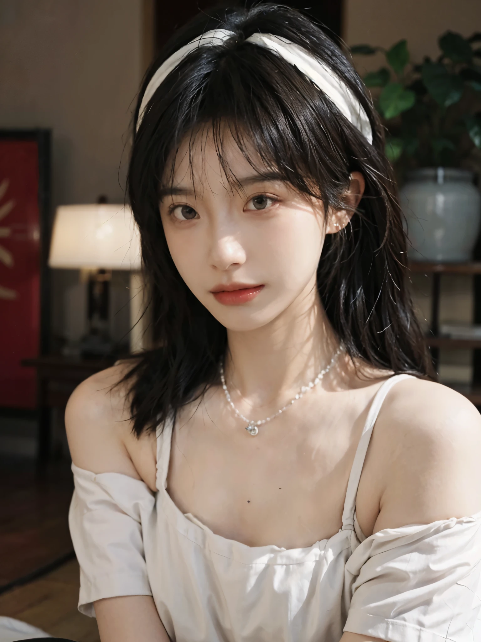 Film portrait photography, 1 girl, bare shoulders,lipstick,(flat chest:1.4), Shoulder length wavy hair, wear necklace,Headbands,earrings,short sleeves,serene, calm, (Realistic and detailed eyes, natural skin texture, Realistic facial details), Soft dramatic lighting, depth of field, Bokeh, Vibrant details, detailed meticulous, hyper-realistic, 35mm film, hazy, ,