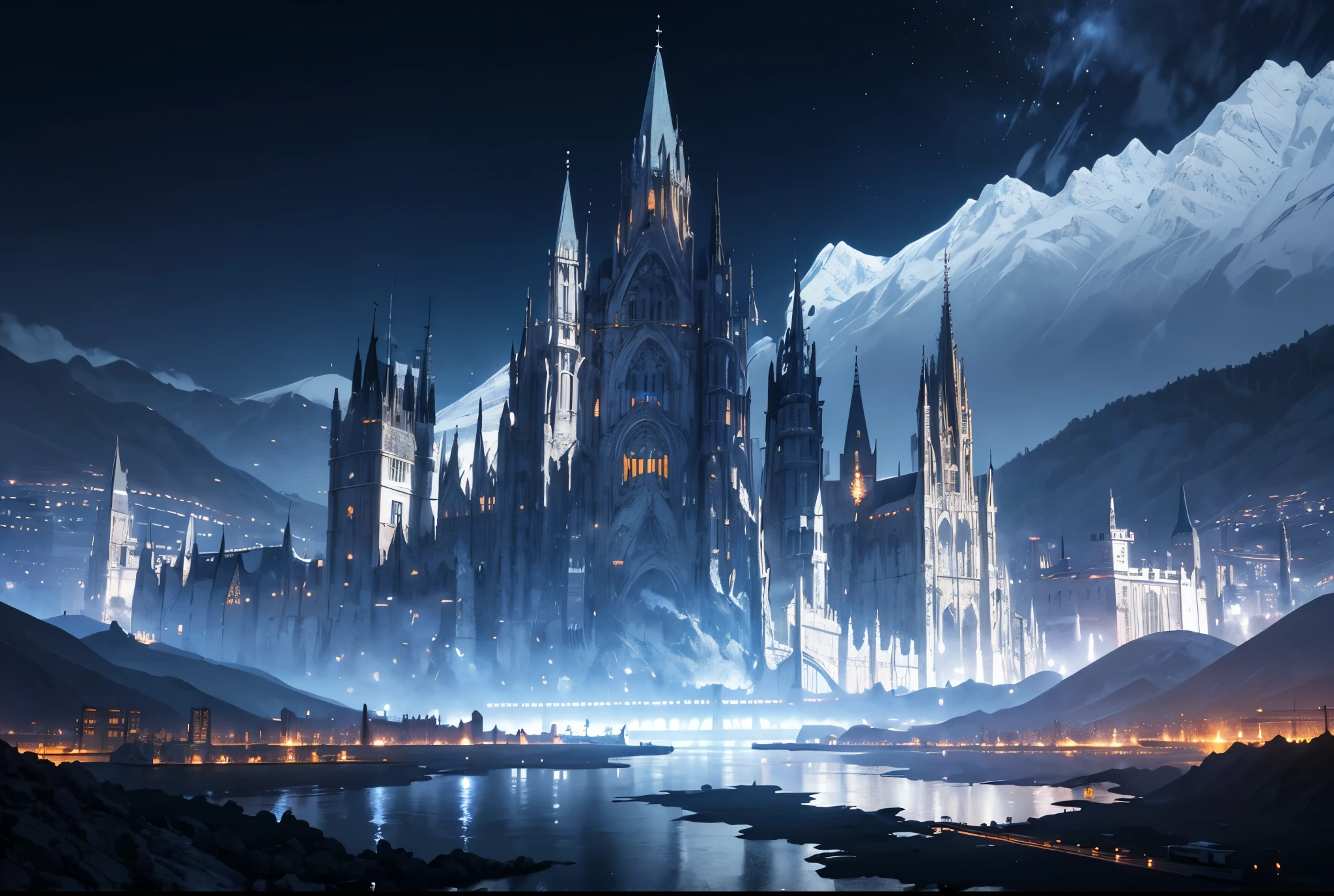 (Black and white marble gothic style building),masterpiece, concept art, panoramic,Close-up of the vista,A huge city on a high mountain,Western fantasy style,Normandy Civilization Style,(The combination of magic and technology,Black and white marble style building), fantasy theme,Western European steel style city on a high mountain,The top of the gray mountain,sky-high tower,Sky,The place where three rivers meet,Sky中的飞龙,Volumetric lighting, global illumination, HD