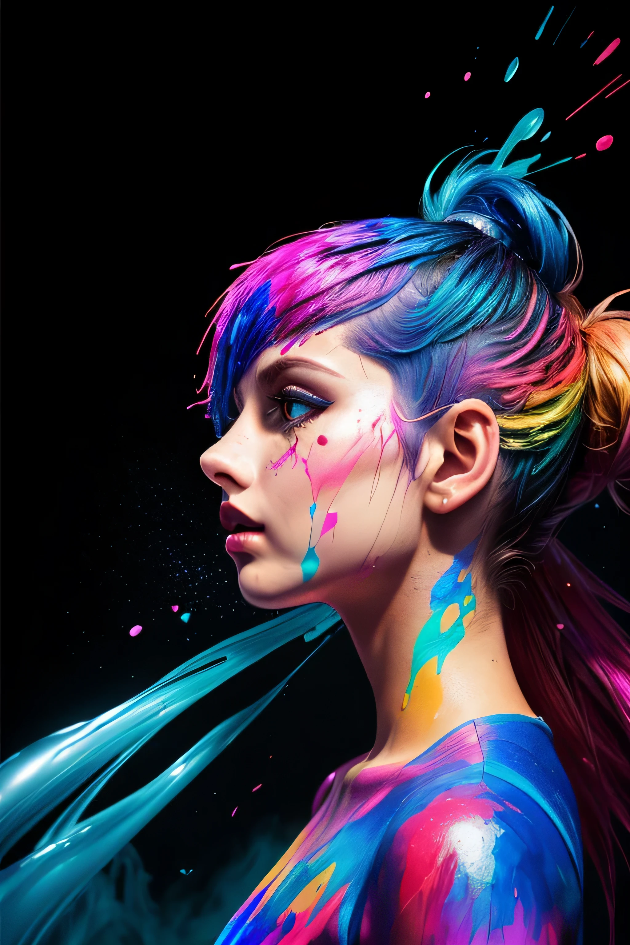 (level difference:1.8),(paintが衝突してキャンバスに飛び散る),(Depth of written boundary),1girl's profile blends into it,((profile)),open your mouth,(液体paintレインボーヘア:1.1) paint、defy gravity,thick stream,(Paint splatters:1.3),liquid state,amazingly beautiful, masterpiece, detailed background,Super high quality model, amazing background,abstract beauty, explosive volumetric, Oil,Heavy Stroke,romantic lighting,scattered below the surface,lens 135mm,f1.8,shine,8K,High resolution, dream-like,ray tracing,HDR,god'light,
