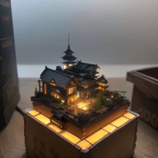 small realistic model, (bifurcation, original photo, best quality, masterpiece:1.4),SteampunkCyberpunk6920 City,(Cyberpunk light:1.3), Mards,horizon (related to land),(in a small nature box:1.3),Isometric, small nature, landscape on foundation,landscape,