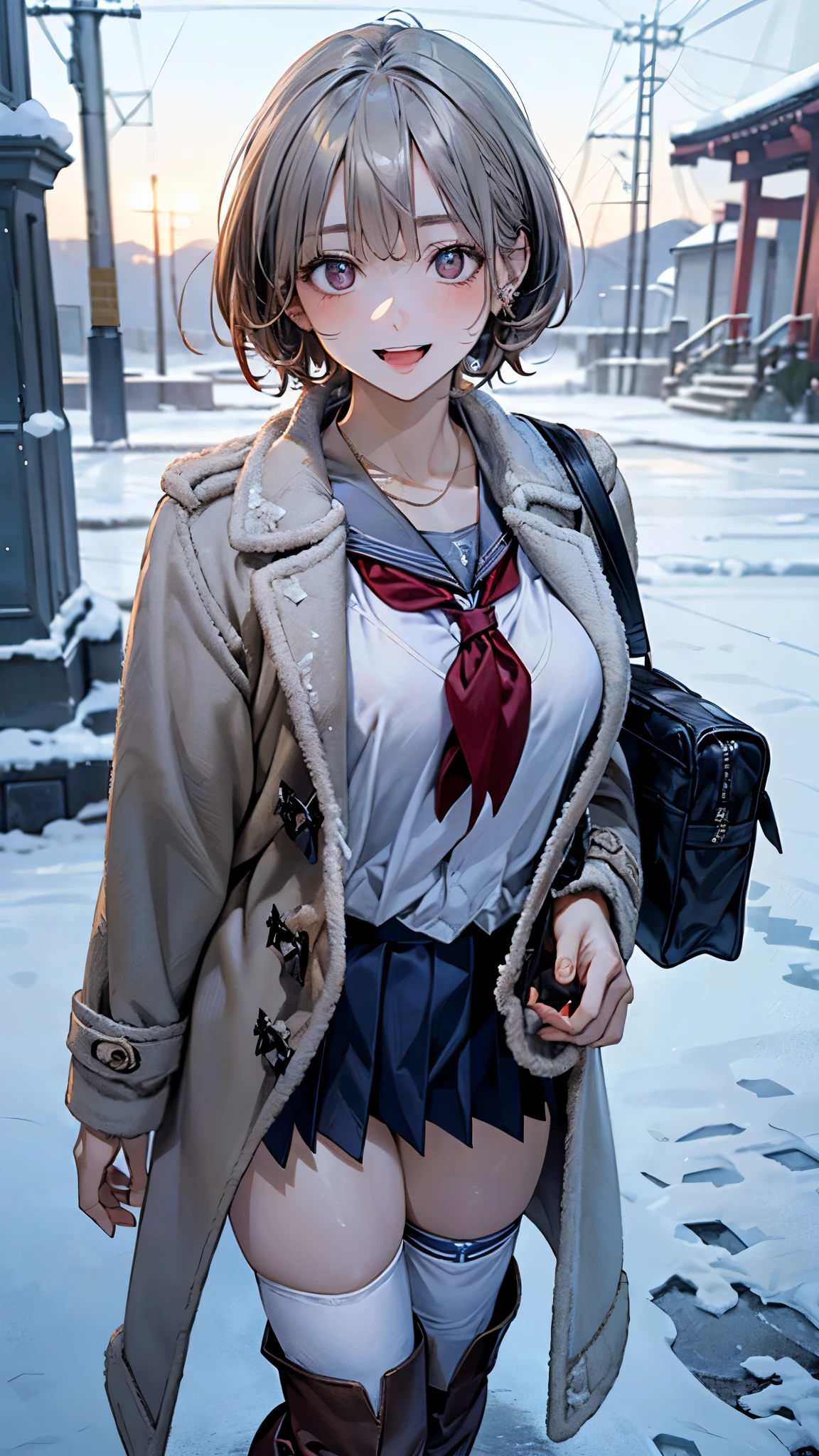 (masterpiece:1.2, top-quality), (realistic, photorealistic:1.4), beautiful illustration, (natural side lighting, movie lighting), nsfw,
looking at viewer, cowboy shot, front view:0.6, 1 girl, japanese, high school girl, perfect face, cute and symmetrical face, shiny skin,
(short hair:1.5, pixie cut:1.4, blond hair), bangs pinned back, red eyes, long eye lasher, (large breasts:0.6, seductive thighs),
beautiful hair, beautiful face, beautiful detailed eyes, beautiful clavicle, beautiful body, beautiful chest, beautiful thigh, beautiful legs, beautiful fingers,
(((gray duffle coat), ((long sleeves)), all navy sailor suit, navy pleated skirt, navy sailor collar, red sailor scarf, thigh-highs, short boots), school bag, cross necklace),
(lovely smile, upper eyes, open mouth), walking,
(beautiful scenery), winter, dawn, hokkaido, sapporo, outside hokkaido shrine, lots of worshippers, snow, snowfall:1.5, freezing weather, frost,