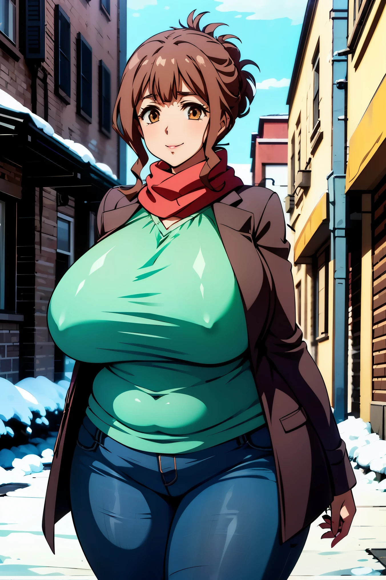 anime,anime style,winter scenery、outdoor,long coat,jeans,Scarf,snow,city,Winter clothes,torino_kazami,mature female,gigantic breasts,plump,brown hair,brown eyes,updo,lipsticks,wide hips,thick tights,gigantic breasts