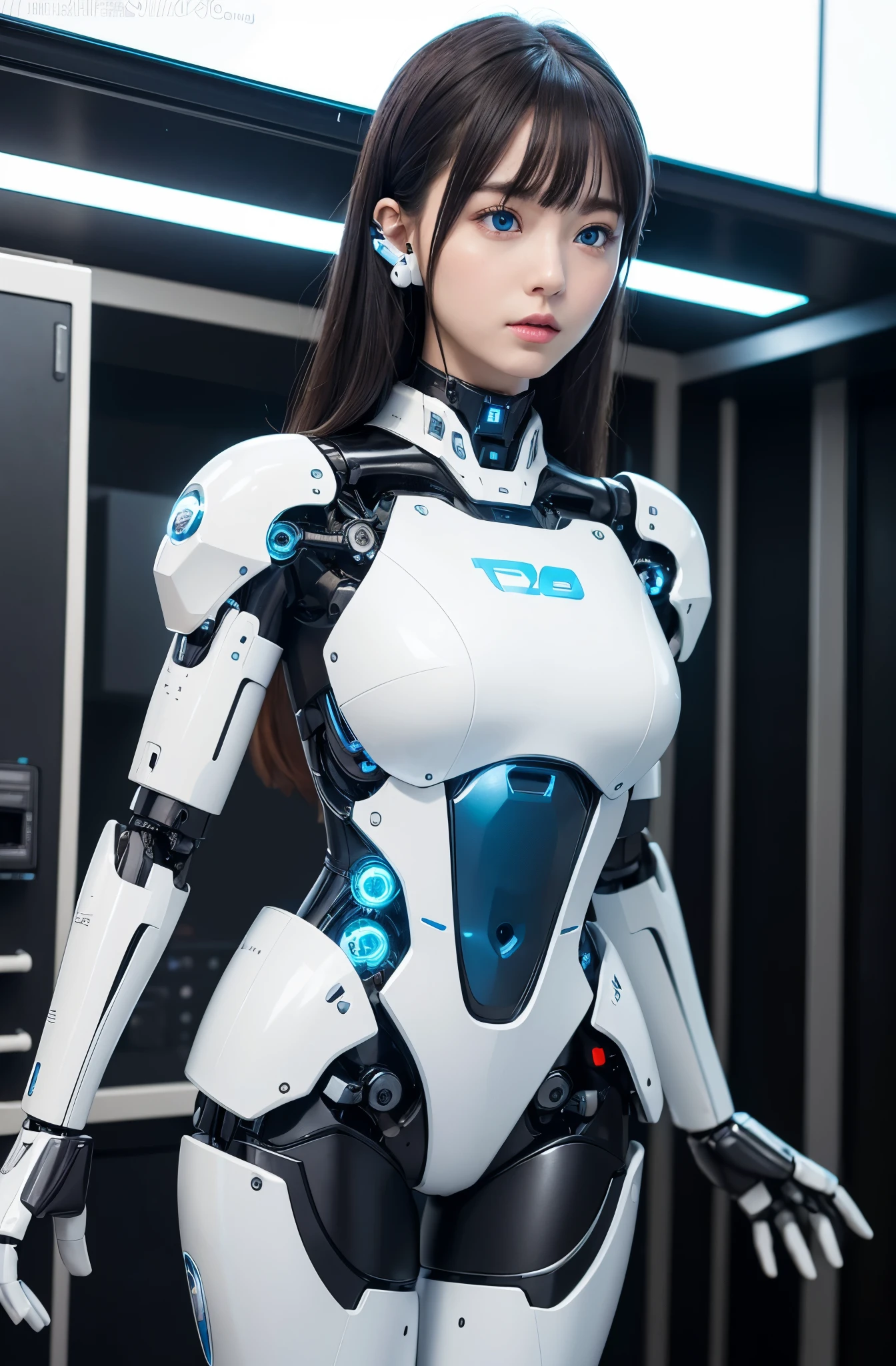 (Photorealistic:1.4), (Raw photo)masutepiece, Best Quality, Extremely detailed, (Photorealistic:1.4), (8K, 4K, Best Quality, hight resolution, 超A high resolution:1.1), 8K Portrait,1girl in, Japanese android girl,Plump , announcer,control panels,android,Droid,Mechanical Hand, ,Robot arms and legs, Black hair,Mechanical body,Blunt bangs,White Robotics Parts,perfect robot woman,Charging spot,Long Tube,A thick cable was connected to his neck.,ceramic body ,Mechanical body, mechanical ear covers,android,robot humanoid,a bit  Chubby,pantiy,complete eyes,Perfect machine body,White robot body,The laboratory of the future,android factory,mechanical ear covers,White and light blue uniform,light blue accent costume,blue eyes