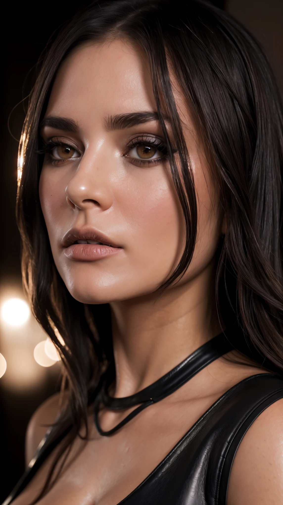 ((photorealistic))), Photo, 32K, UDR, (Ultra detailed face and eyes: 1.3), 1 girl, in an unbuttoned blouse, (Eye makeup, mascara), long eyelashes, (large detailed lips), (Dark wavy hair), large heavy breasts, (eye detail:1, 2), (ultra detailed leather: 1.3). Photo session in a dark studio, (contour lighting), The play of light and shadows), Shallow depth of field, bokeh. Warm atmosphere of the frame. (Dull color scheme), (Photoграфия по пояс), ((granularity)), Glare, ultra-detailed