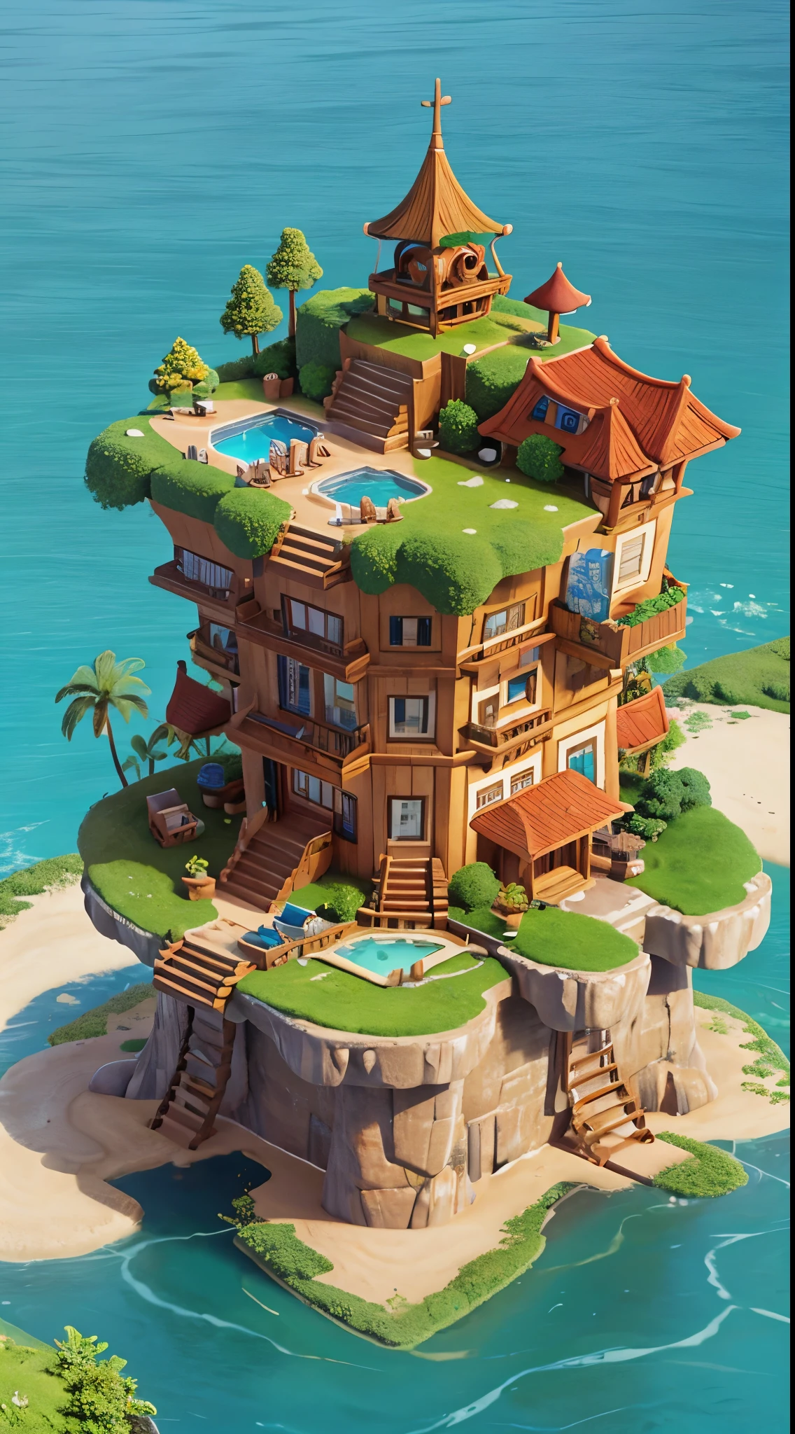 Isometric image of a floating island with waterfalls and lakes,