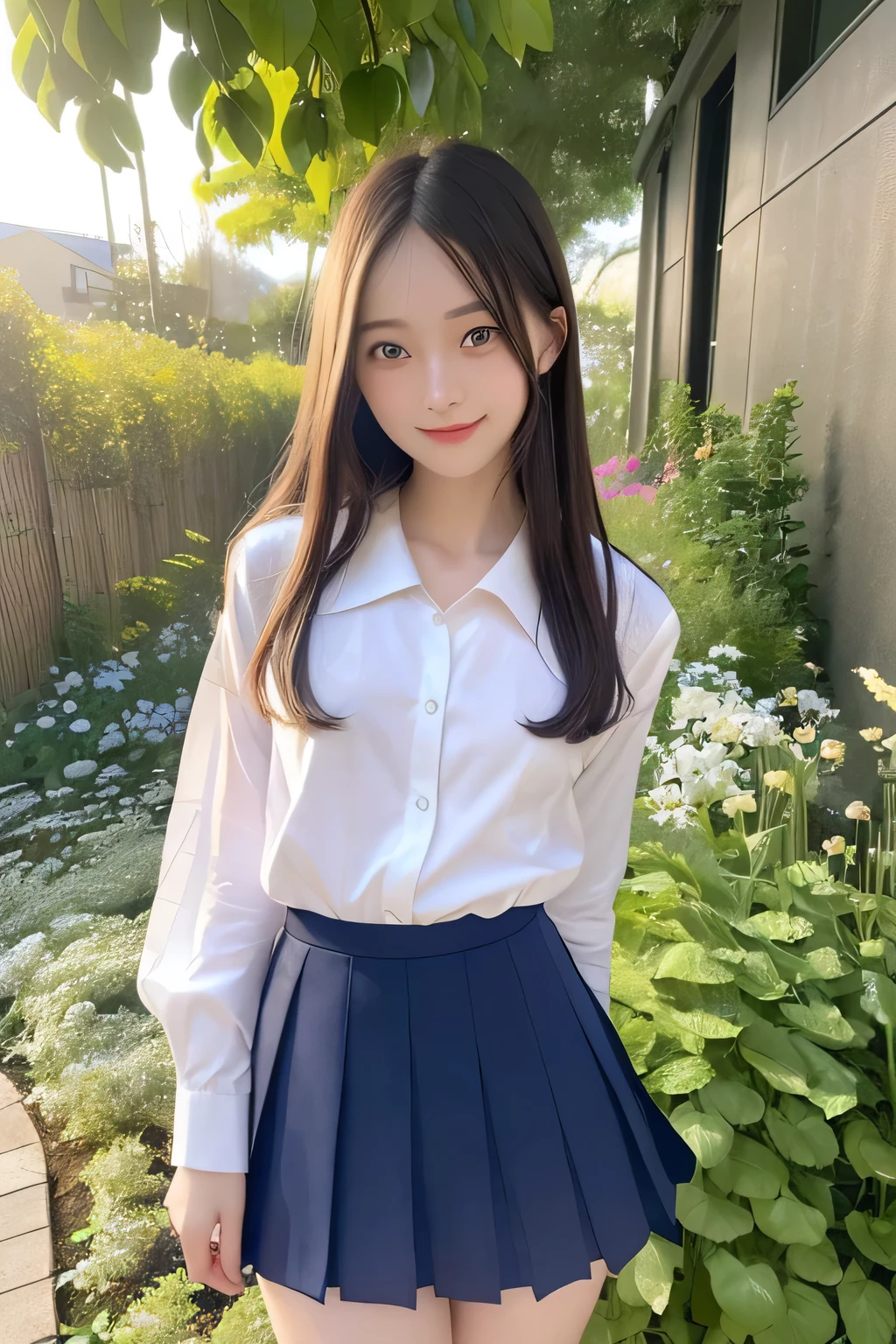 pieces fly、masterpiece、highest quality、Super detailed、High resolution、High resolution、8K portrait、unity 8k wallpaper、Detailed CG、unity 8k wallpaper、Detailed CGユニティ8kの壁紙、realistic、real person、portrait photography、shiny skin、(25 years old:1.2)、High resolution、beautiful clear eyes、very detailed explanation、delicate face、nice lips、thin waist、thin legs、1 girl、(garden:1.3)、(shirt, serafuku, crew_collar, alone, white shirt, school uniform, navy pleated skirt, collared shirt)、(big smile:1.2)、(take a pose:1.4)、(flat chest:1.4)