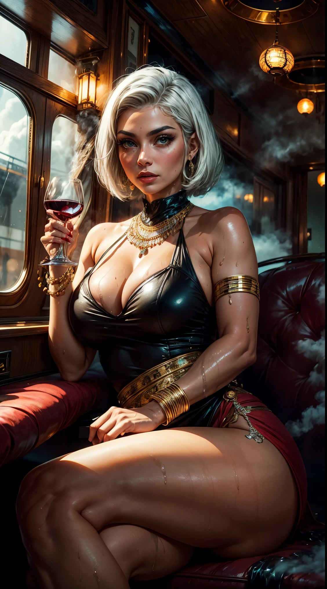 Pharaoh Tia she has white hair and gray hair , She has short hair,steam ,wet,Have a pair of big green eyes,Wearing clothes full of jewels, soybeans, Japanese jewelry, Thick and tight,legs crossed,Holding a wine glass, sitting inside a very luxurious steam ship, morning, high-end, many details, Sharp mullet focus, actual.
