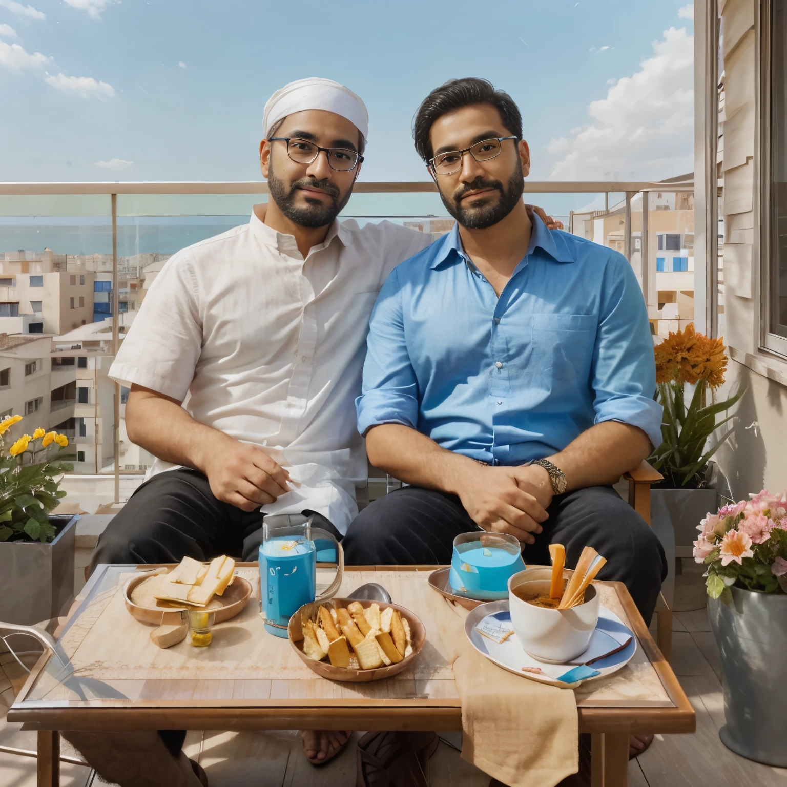 2 men, sitting together on the balcony of the house. Home balcony, clear sky, table, snacks, coffee, flowers. 1 man wearing glasses, Muslim clothes, short thin black beard. Next man with short hair, blue shirt. Add some flowers on the table.